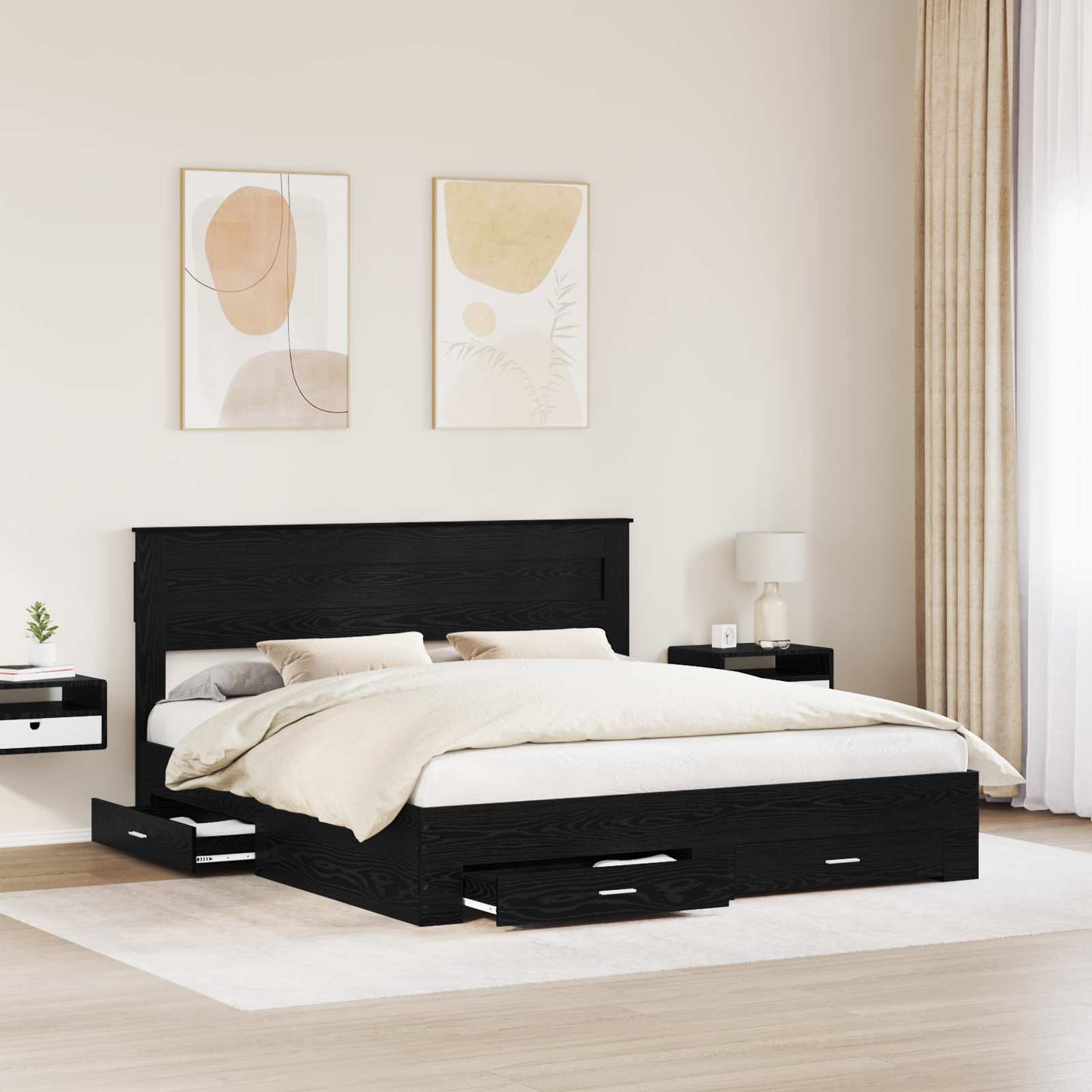 Sengestamme med skuff Svart Eik 180 x 200 cm Konstruert tre