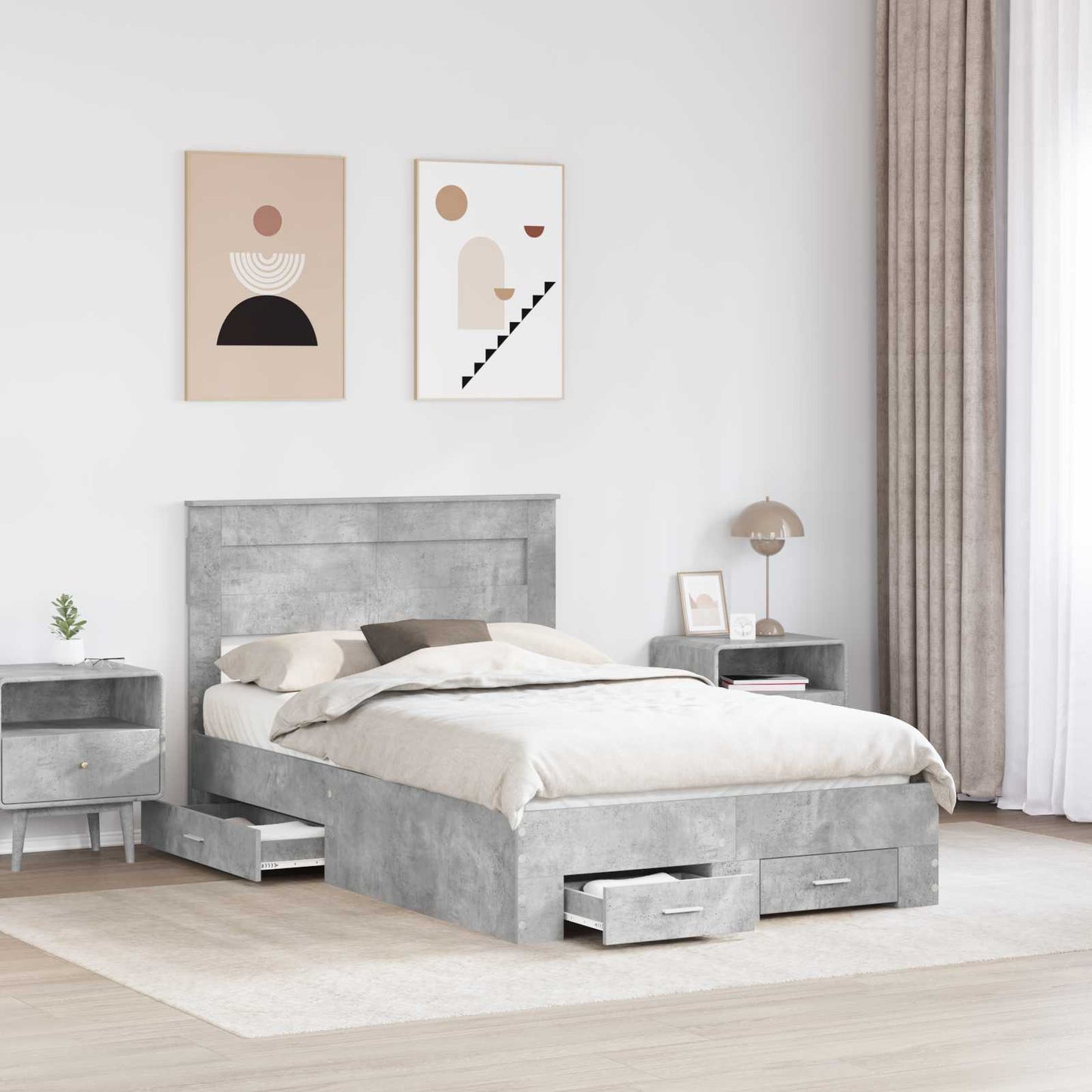 Sengestamme med skuff Betonggrå 135 x 190 cm Konstruert tre