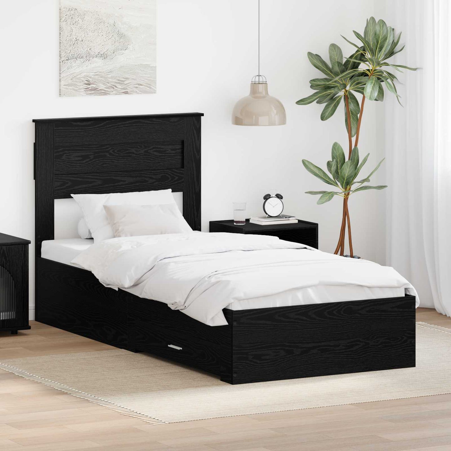 Sengestamme med hodegjerde Svart Eik 90 x 190 cm Konstruert tre