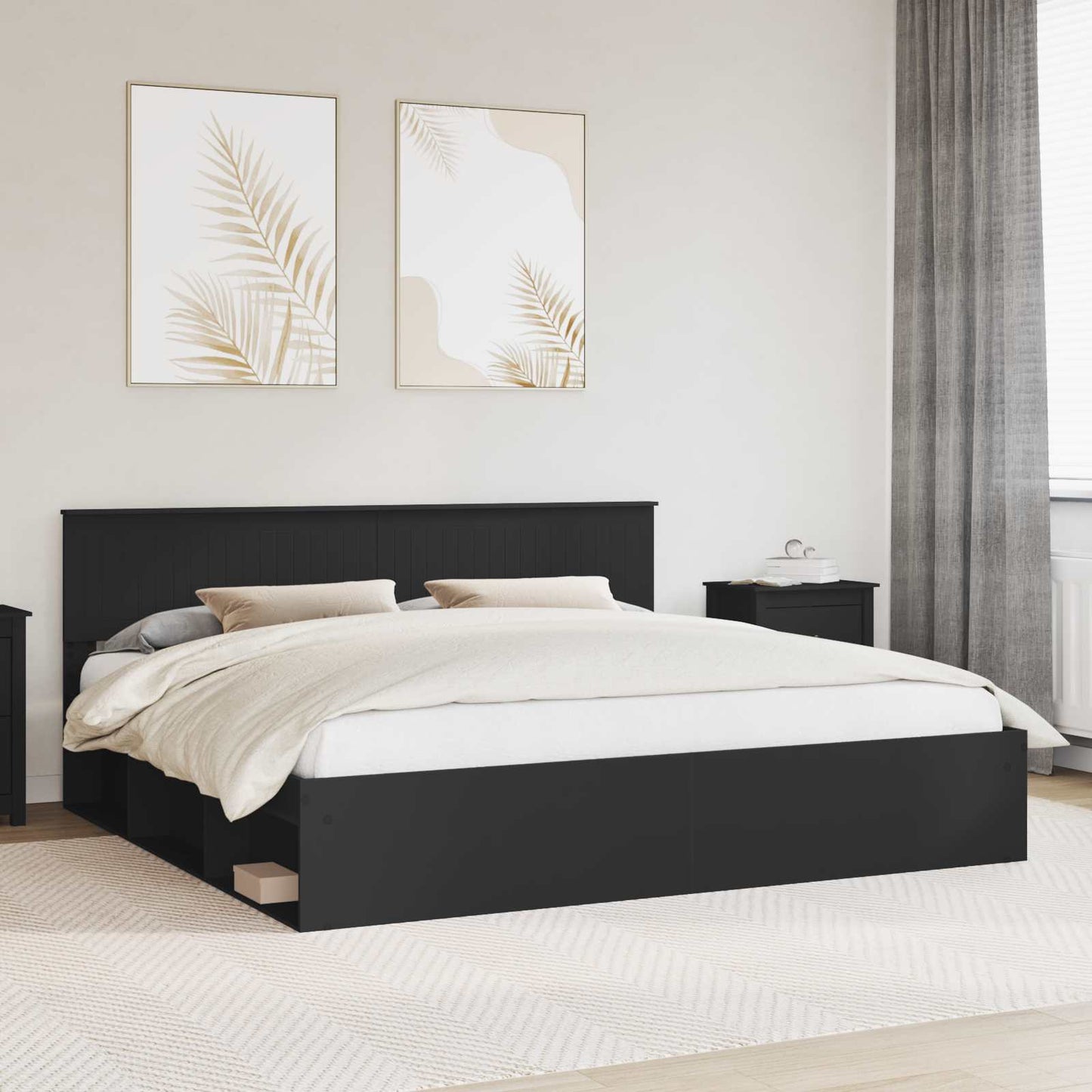 Sengestamme med hodegjerde Svart 200 x 200 cm Massiv furu