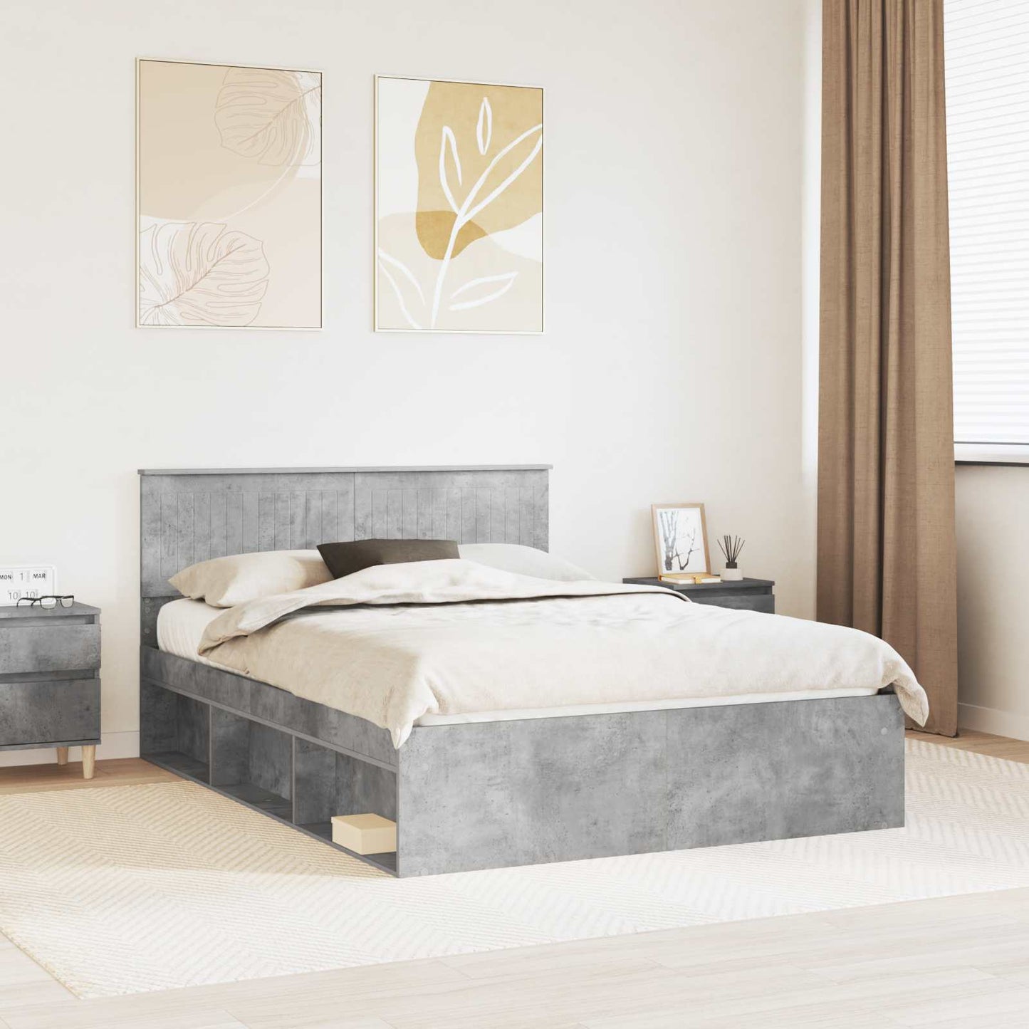 Sengestamme med hodegjerde Betong 140 x 190 cm Massiv furu