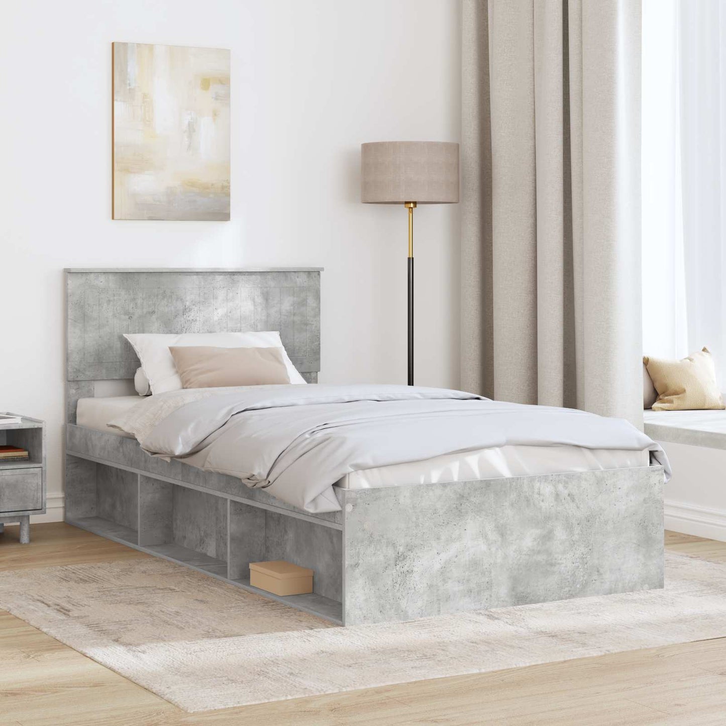 Sengestamme med hodegjerde Betonggrå 100 x 200 cm Massiv furu