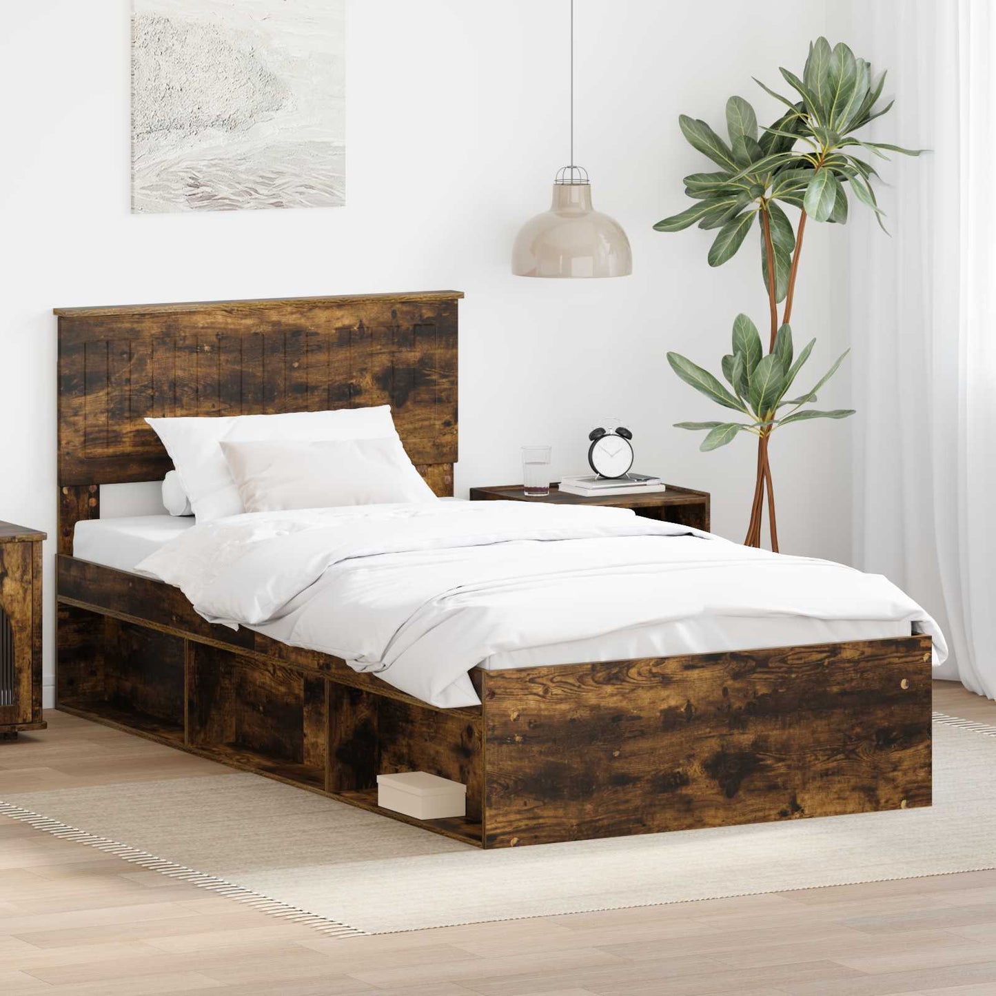 Sengestamme med hodegjerde Røkt eik 100 x 200 cm Massiv furu