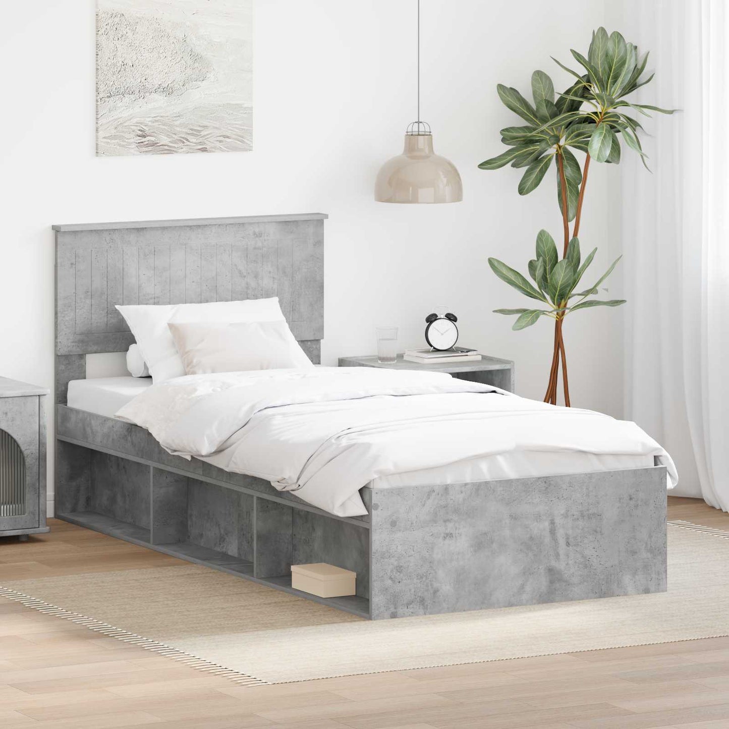 Sengestamme med hodegjerde Betong 90 x 200 cm Massiv furu
