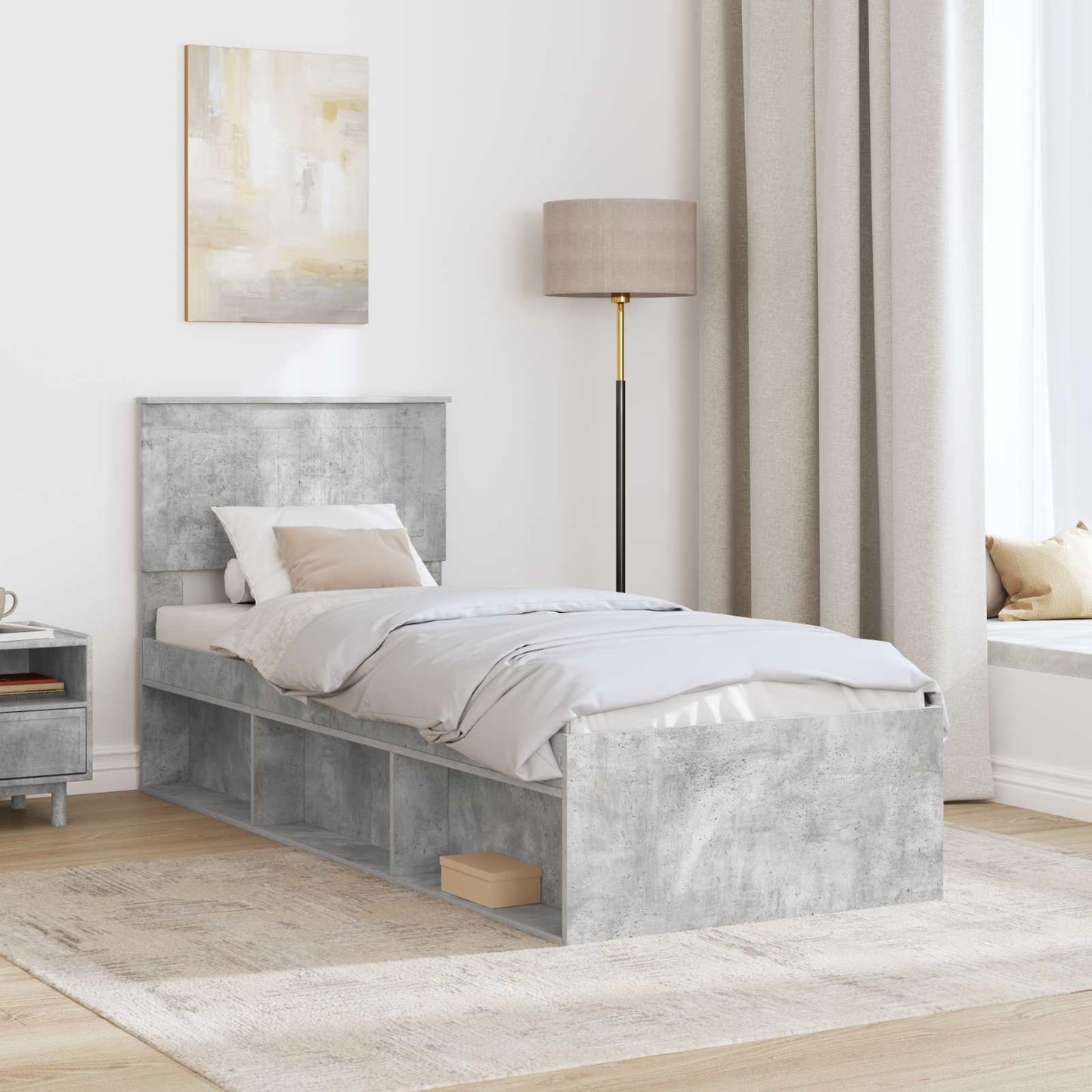Sengestamme med hodegjerde Betonggrå 75 x 190 cm Massiv furu