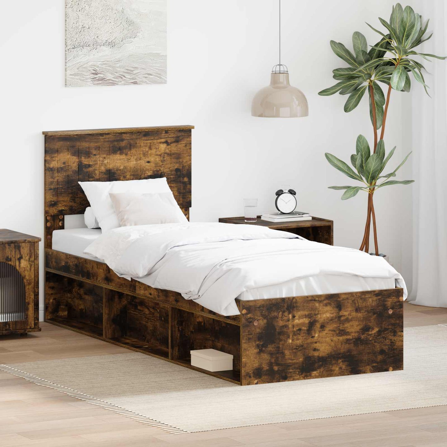 Sengestamme med hodegjerde Røkt eik 75 x 190 cm Massiv furu