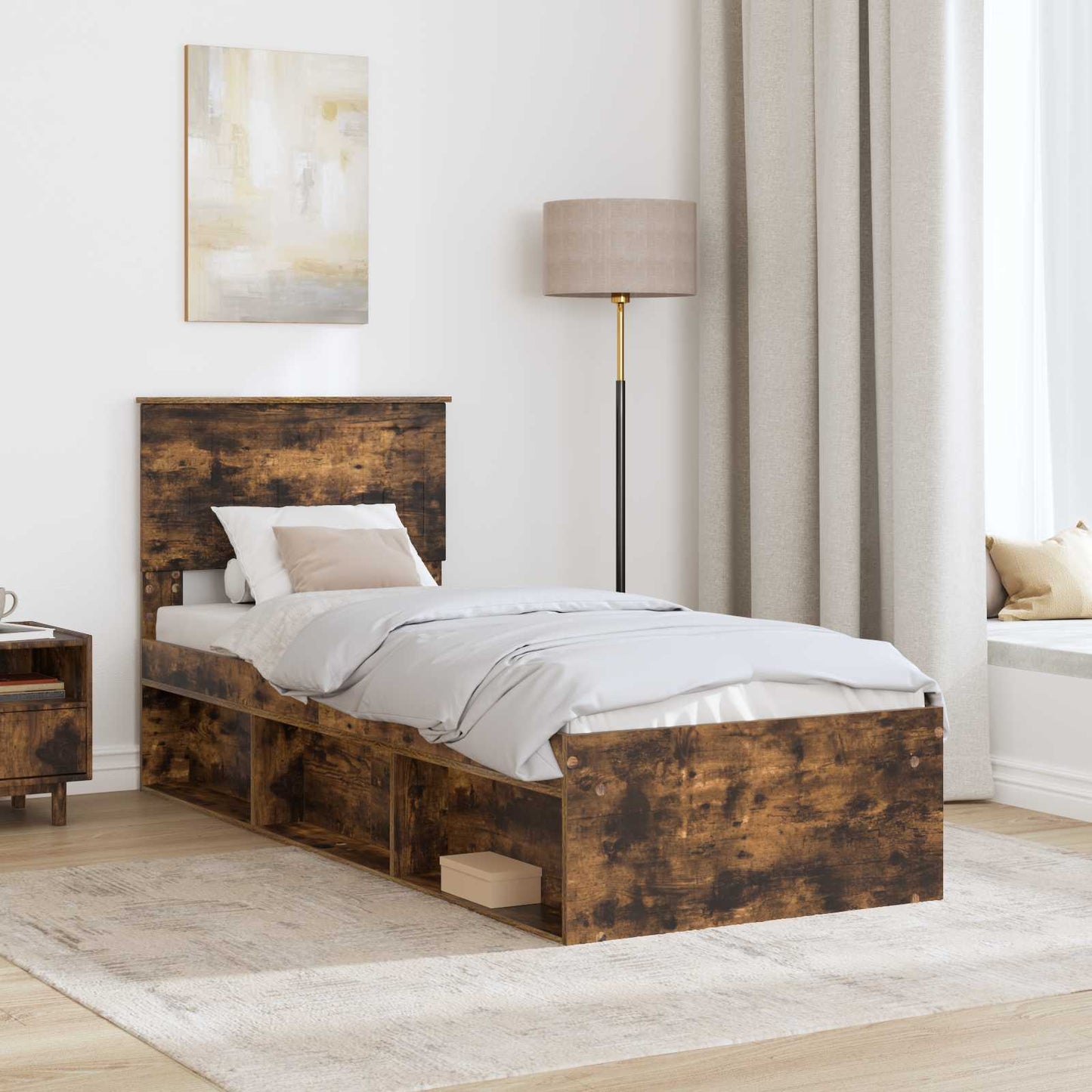 Sengestamme med hodegjerde Røkt eik 75 x 190 cm Massiv furu