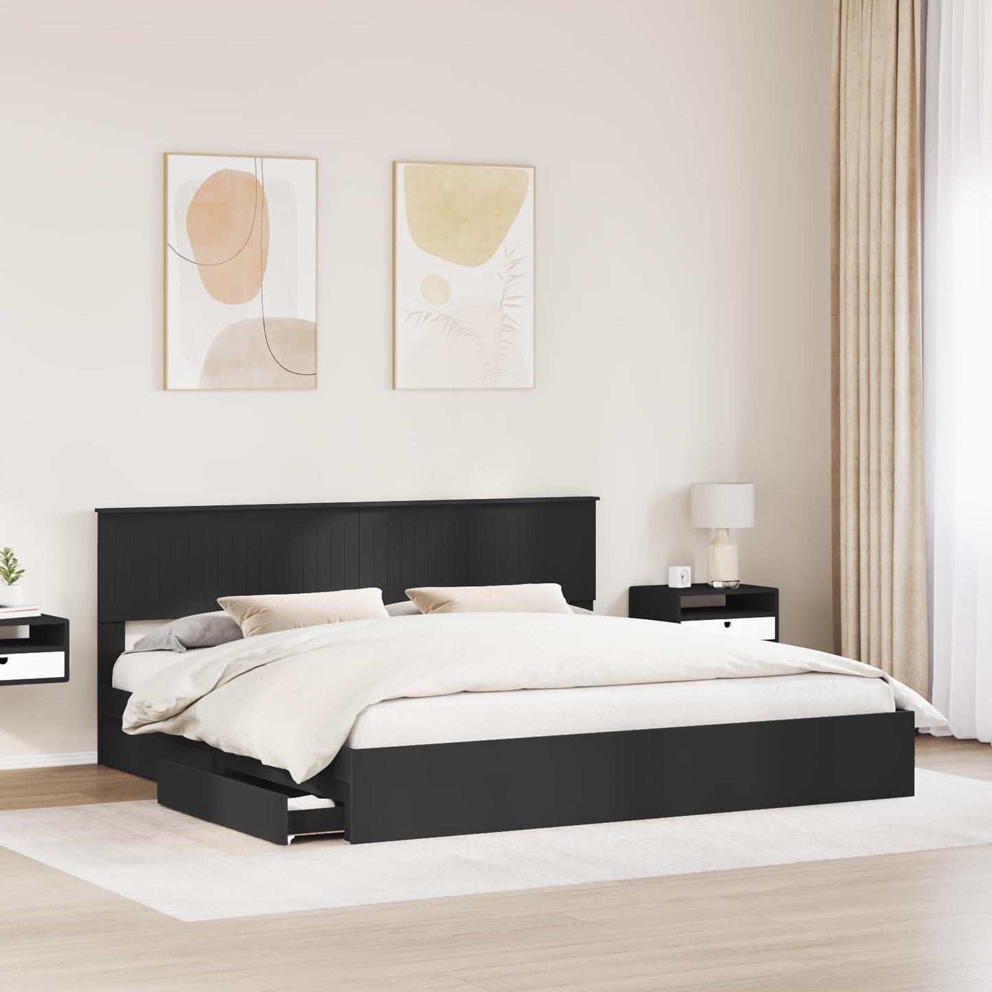 Seng med Oppbevaring Svart 200 x 200 cm Konstruert tre