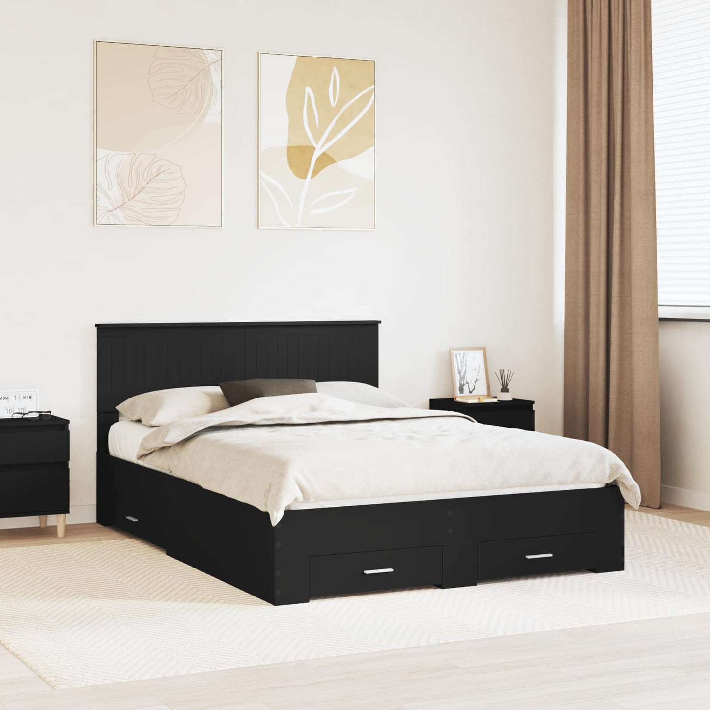Sengestamme med skuff Svart 135 x 190 cm Konstruert tre