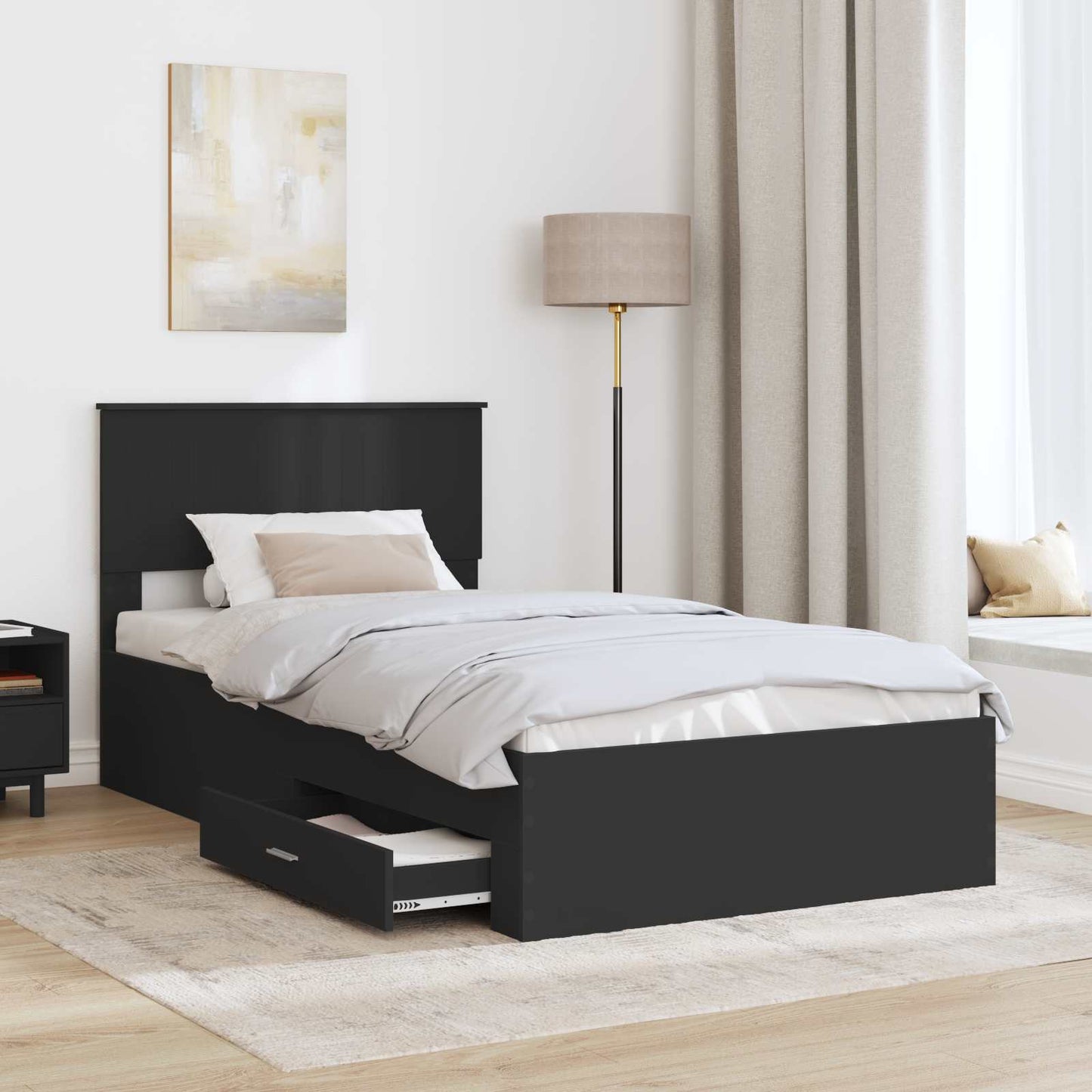 Sengestamme med skuff Svart og sølv 100 x 200 cm Konstruert tre
