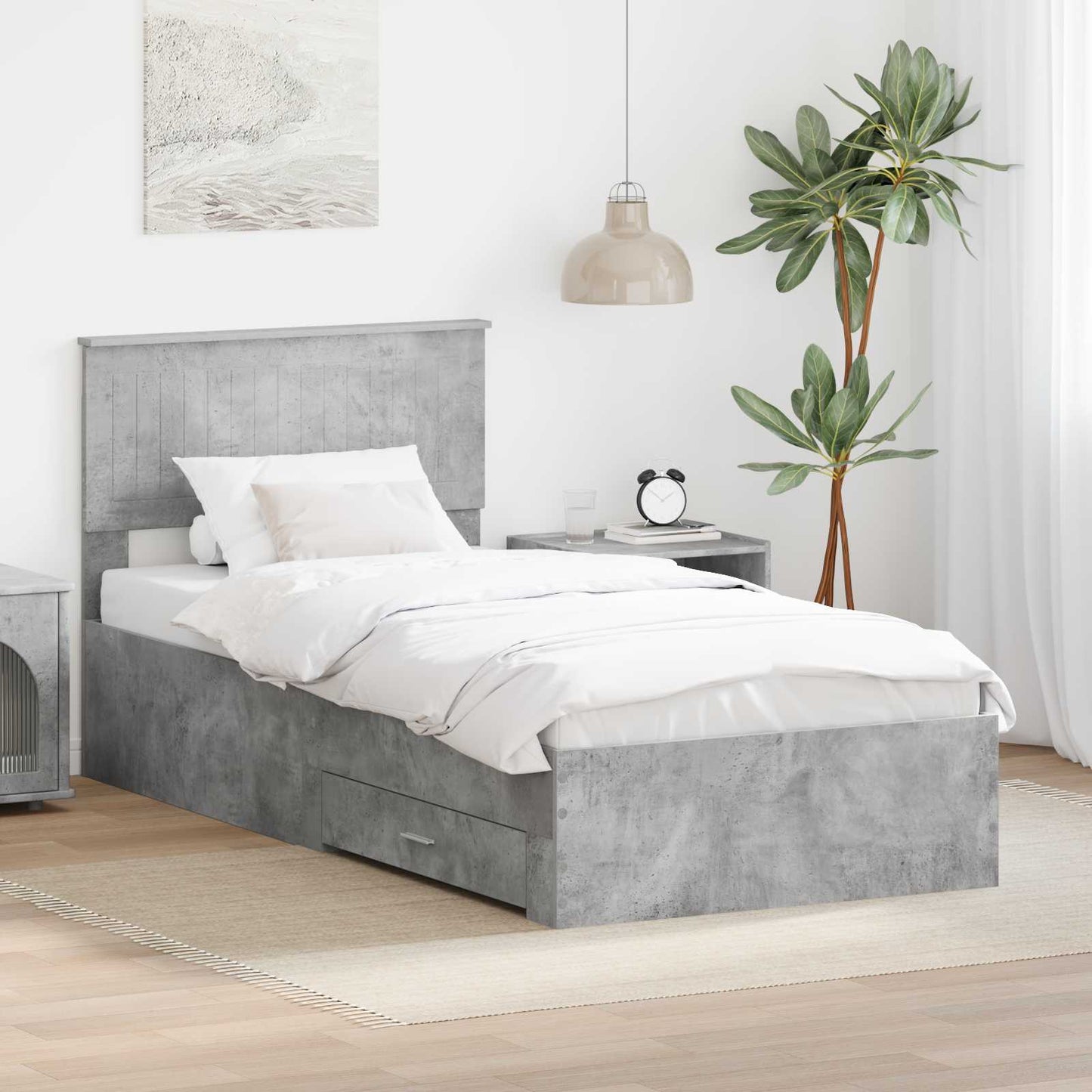 Sengestamme med skuff Betonggrå 90 x 190 cm Konstruert tre