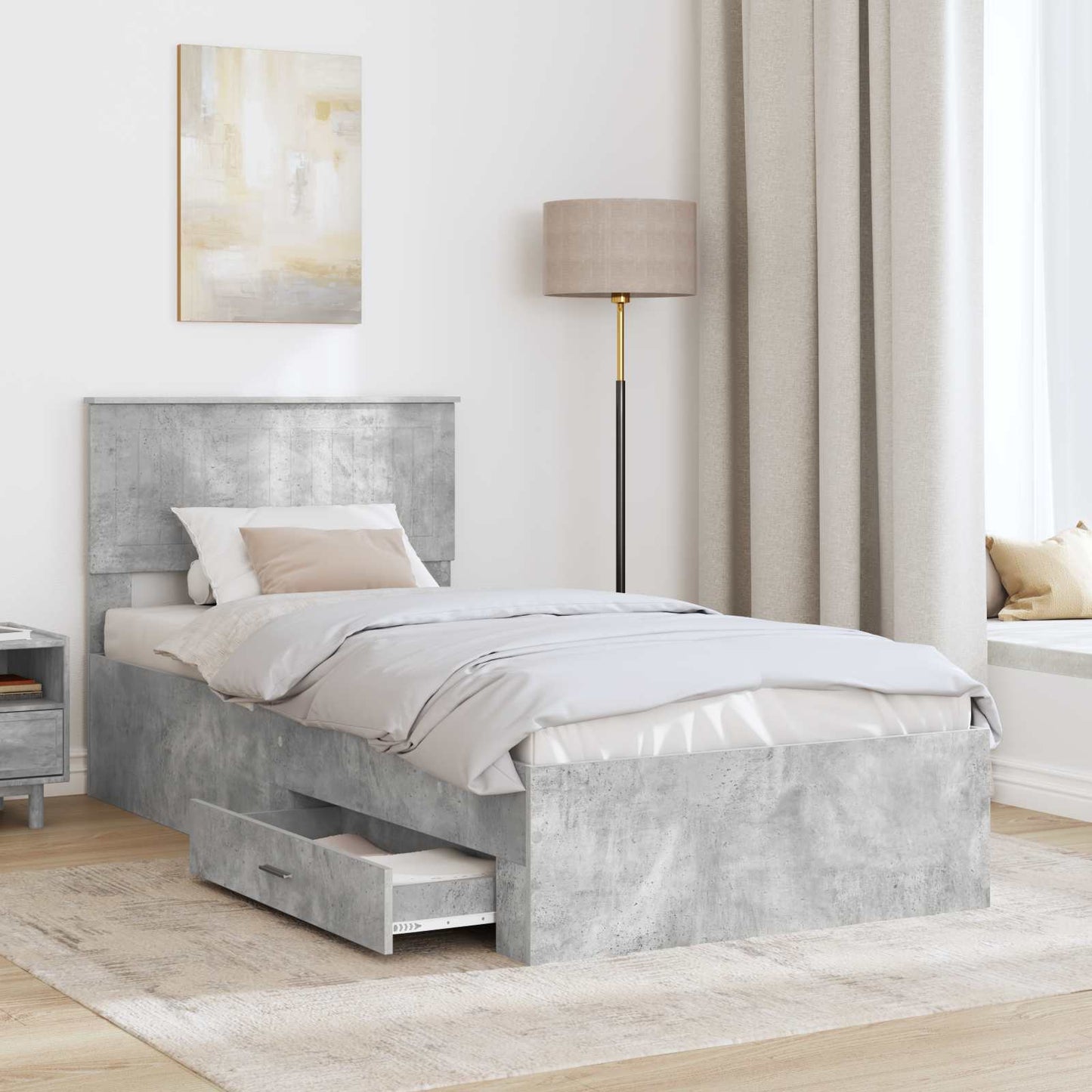 Sengestamme med skuff Betonggrå 90 x 190 cm Konstruert tre