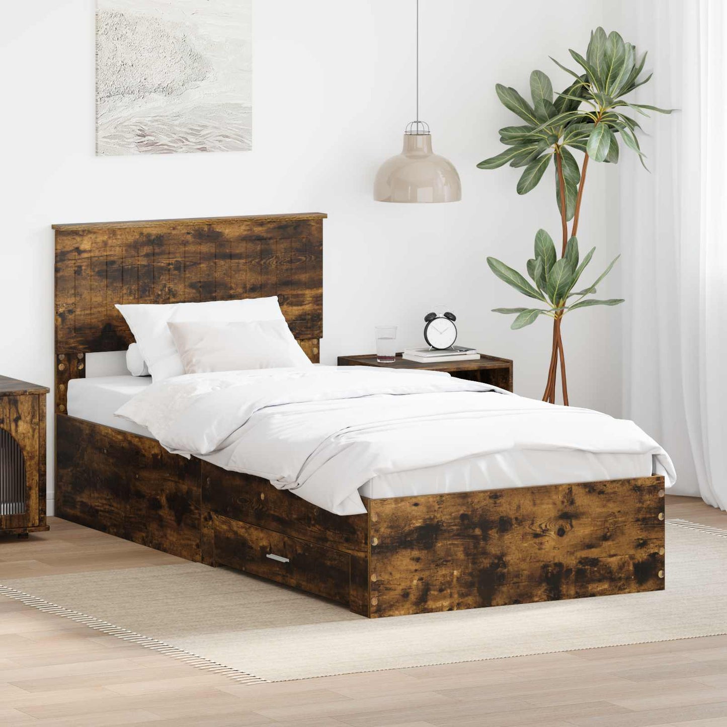 Sengestamme med hodegjerde Røkt eik 90 x 190 cm Konstruert tre