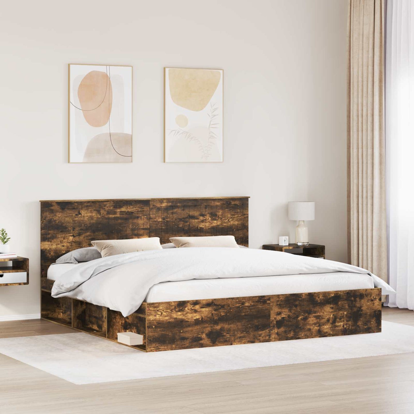 Sengestamme med hodegjerde Røkt eik 200 x 200 cm Massiv furu