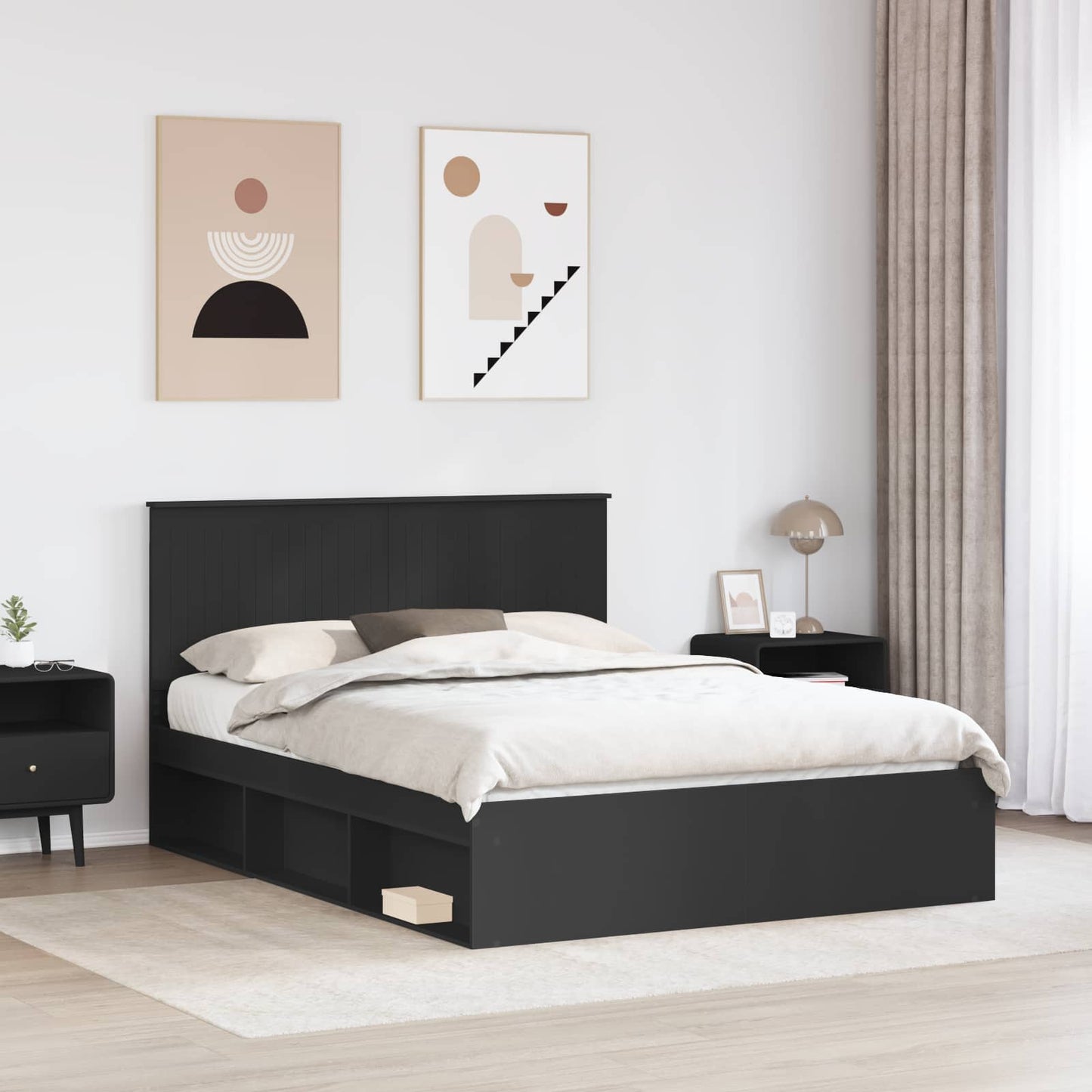 Sengestamme med hodegjerde Svart 150 x 200 cm Massiv furu