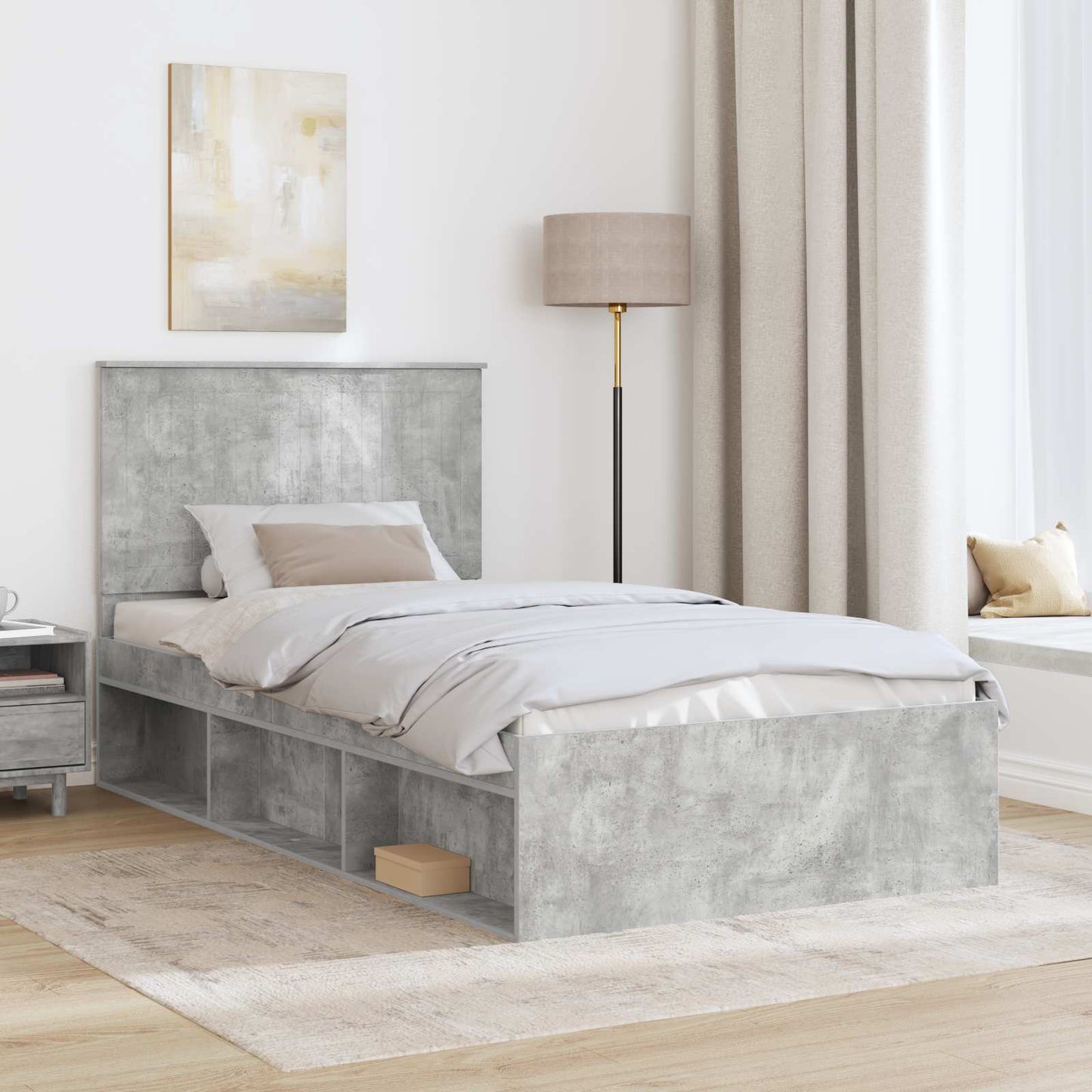 Sengestamme med hodegjerde Betonggrå 100 x 200 cm Massiv furu