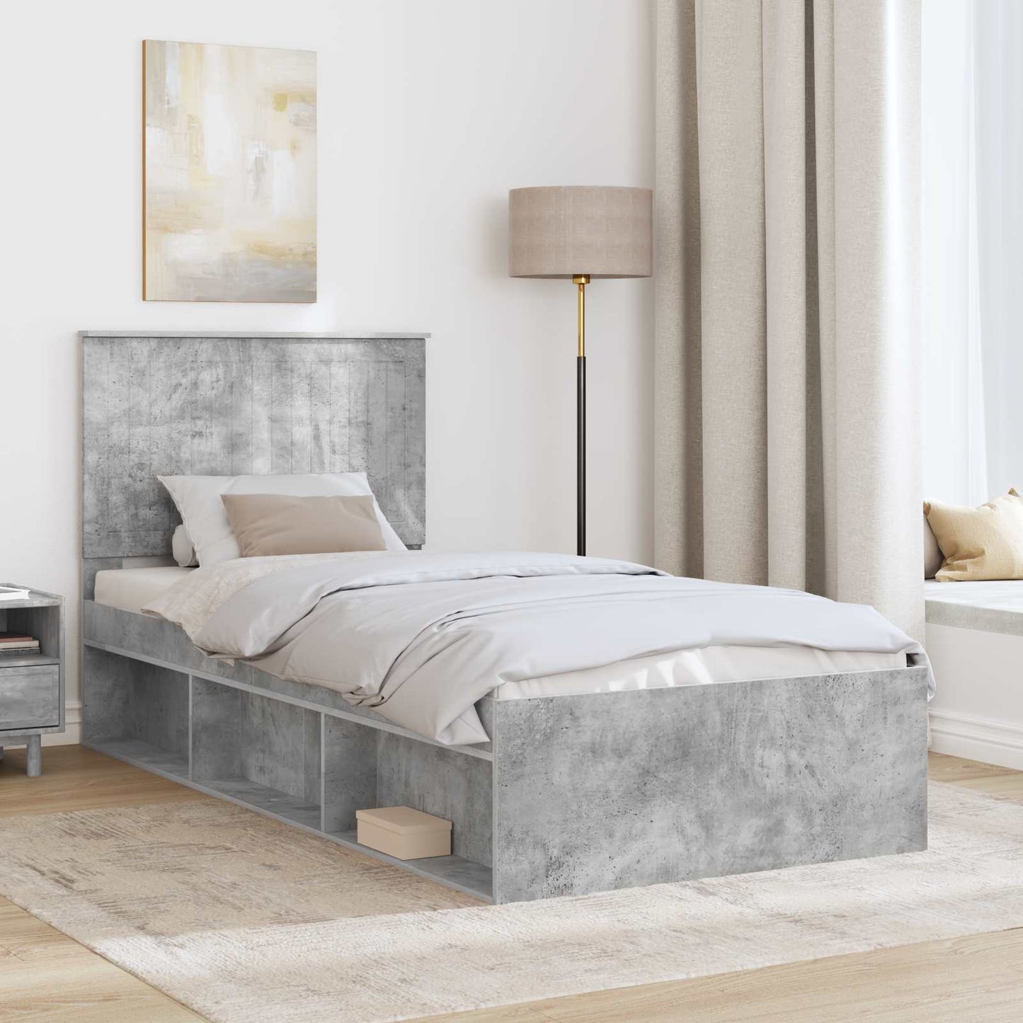 Sengestamme med hodegjerde Betong 90 x 200 cm Massiv furu