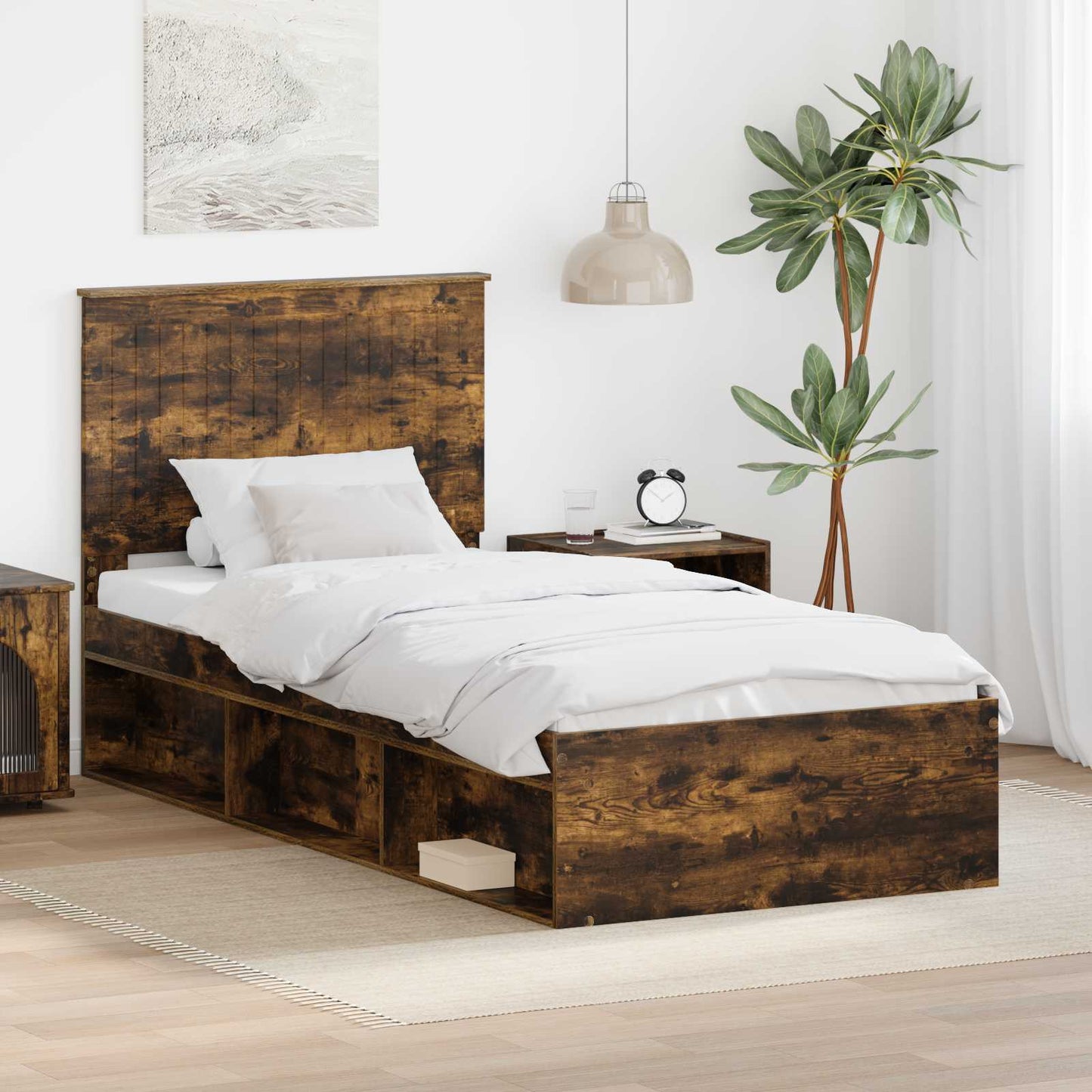 Sengestamme med hodegjerde Røkt eik 90 x 200 cm Massiv furu