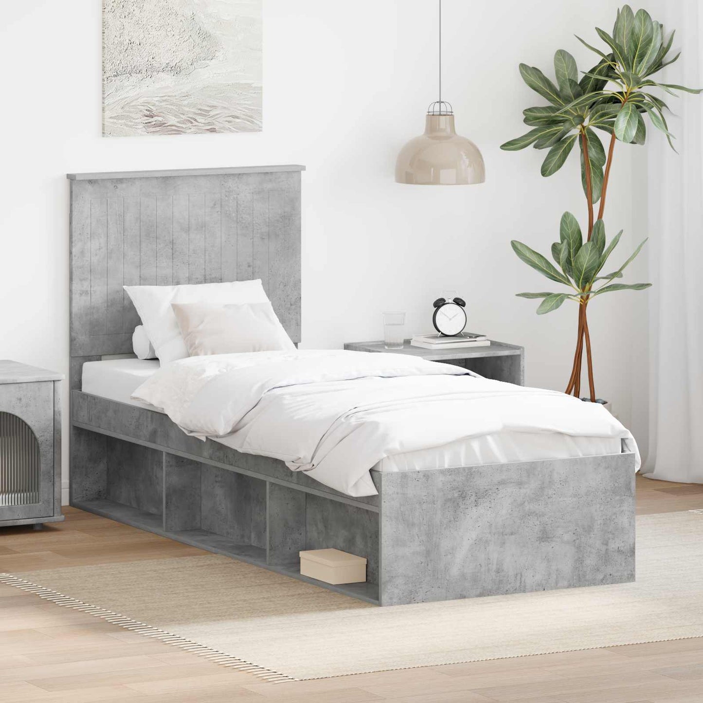 Sengestamme med hodegjerde Betonggrå 75 x 190 cm Massiv furu