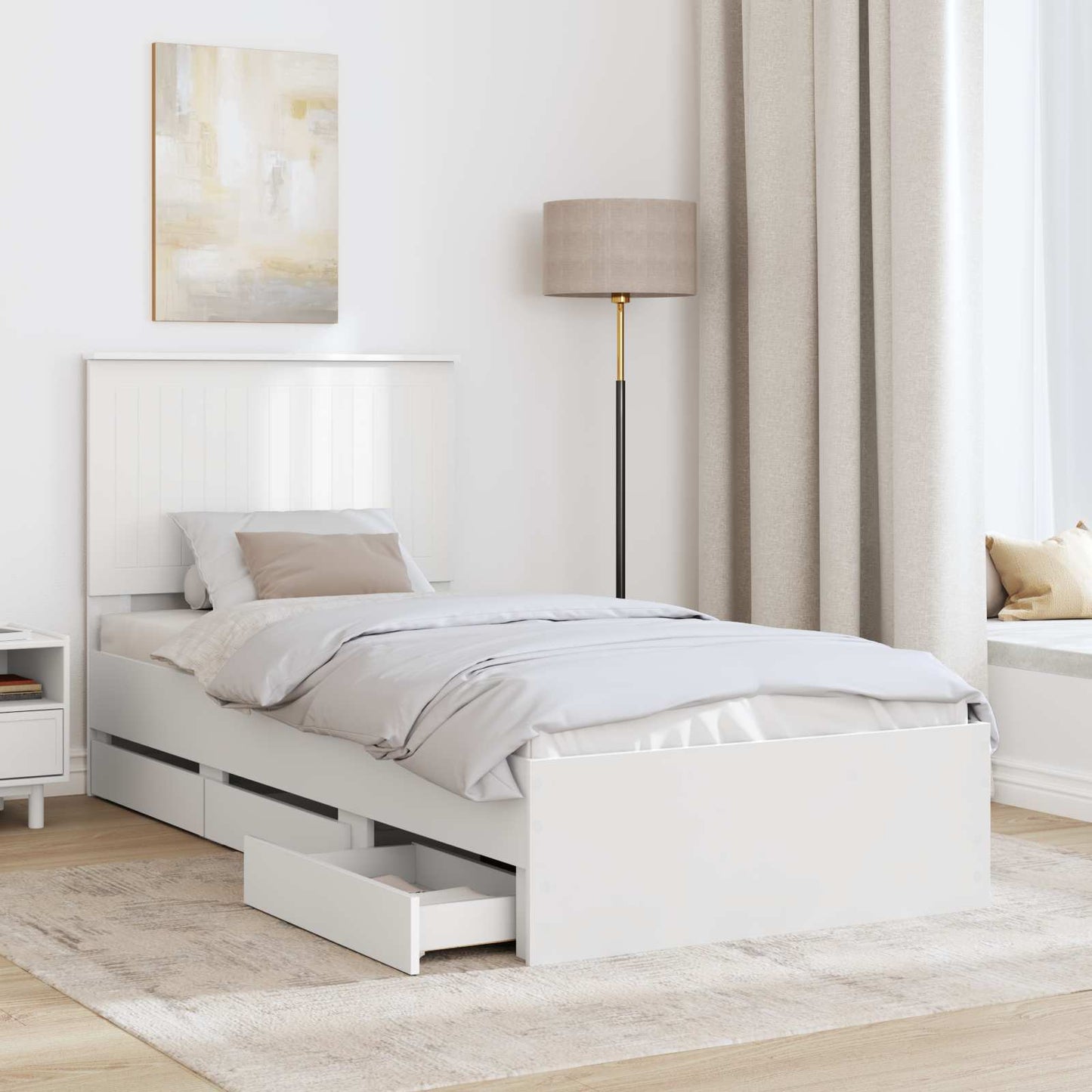 Sengestamme med skuff med lagring Hvit 90 x 200 cm Ingeniørtre