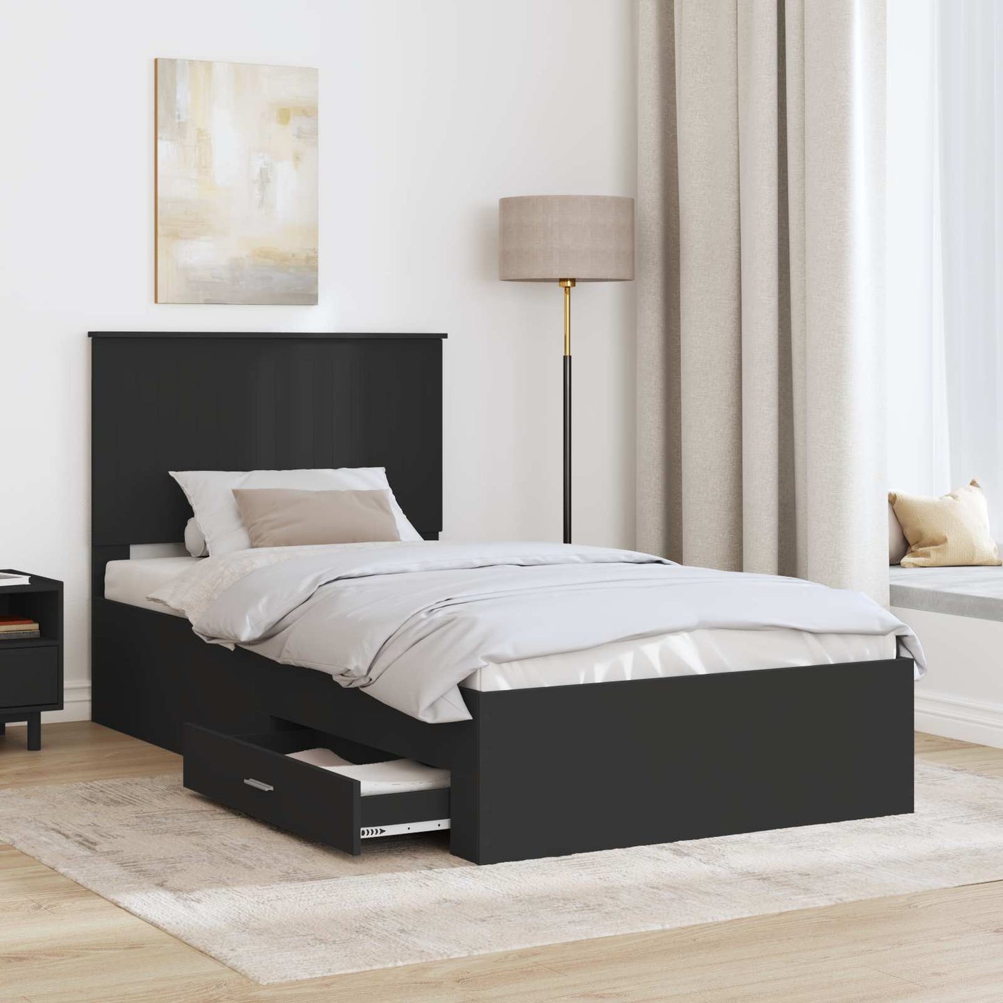 Sengestamme med skuff Svart og sølv 90 x 200 cm Konstruert tre