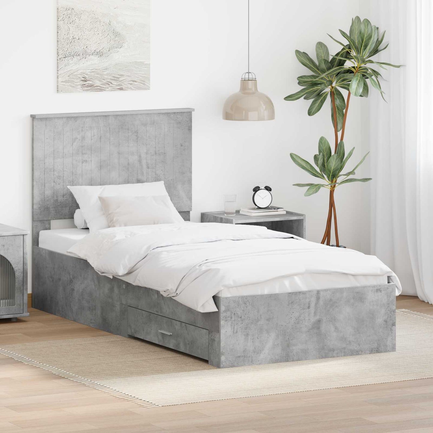 Sengestamme med hodegjerde Betonggrå 90 x 200 cm Konstruert tre