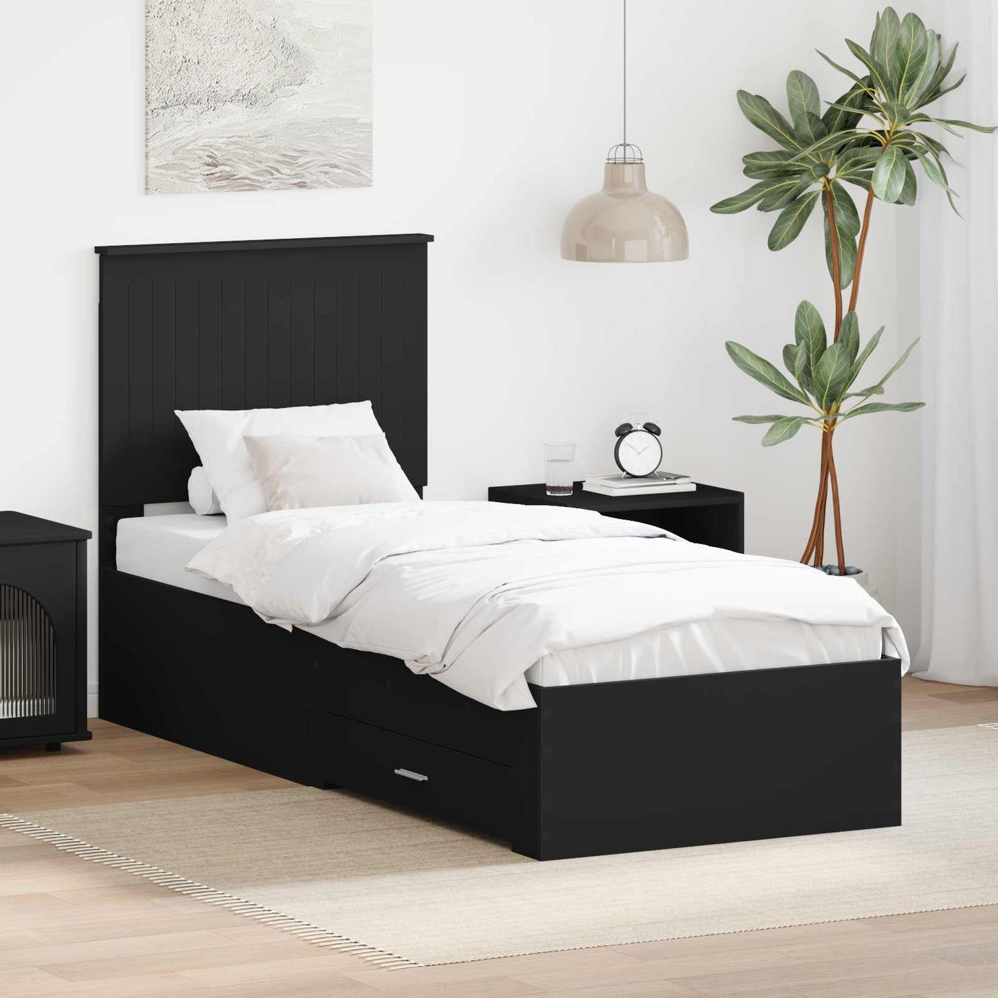 Sengestamme med skuff Svart og sølv 70 x 190 cm Konstruert tre