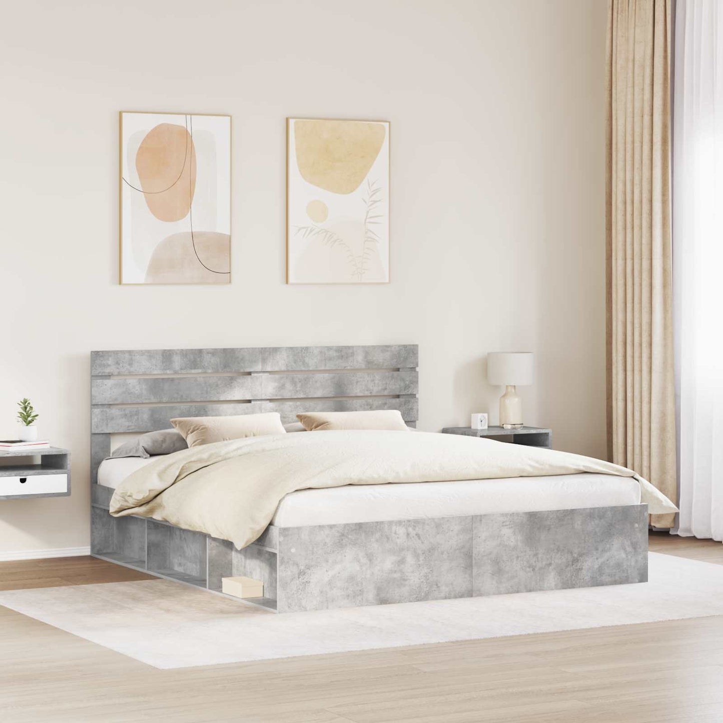 Sengestamme med hodegjerde Betong 180 x 200 cm Massiv furu