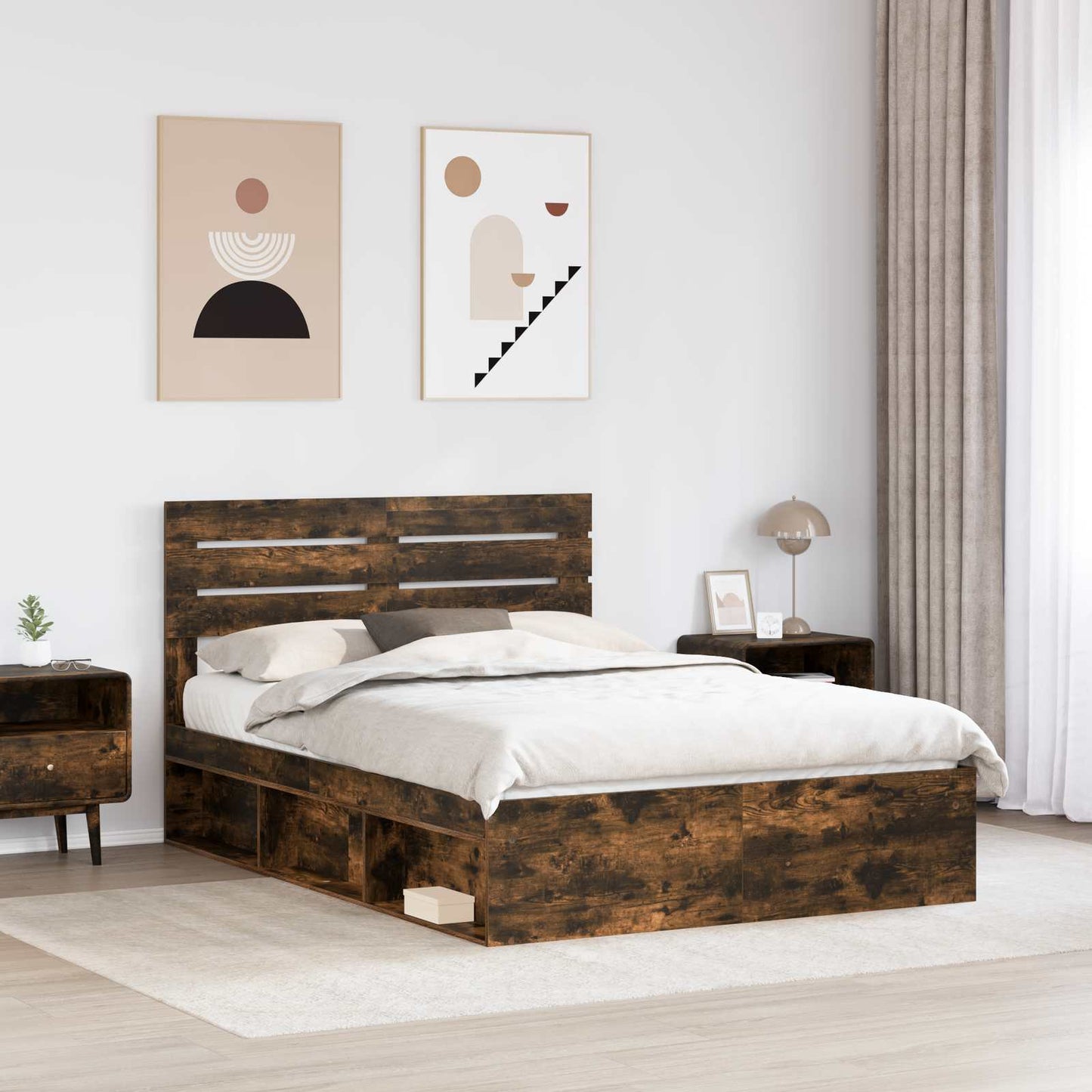 Sengestamme med hodegjerde Røkt eik 150 x 200 cm Massiv furu