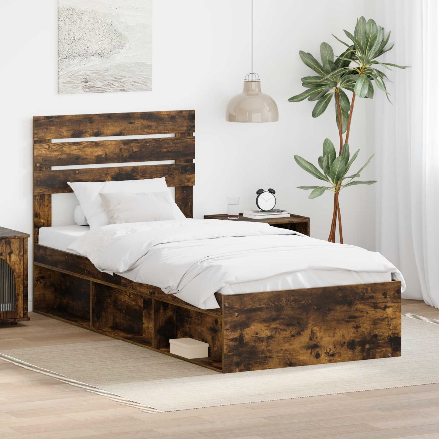 Sengestamme med hodegjerde Røkt eik 100 x 200 cm Massiv furu