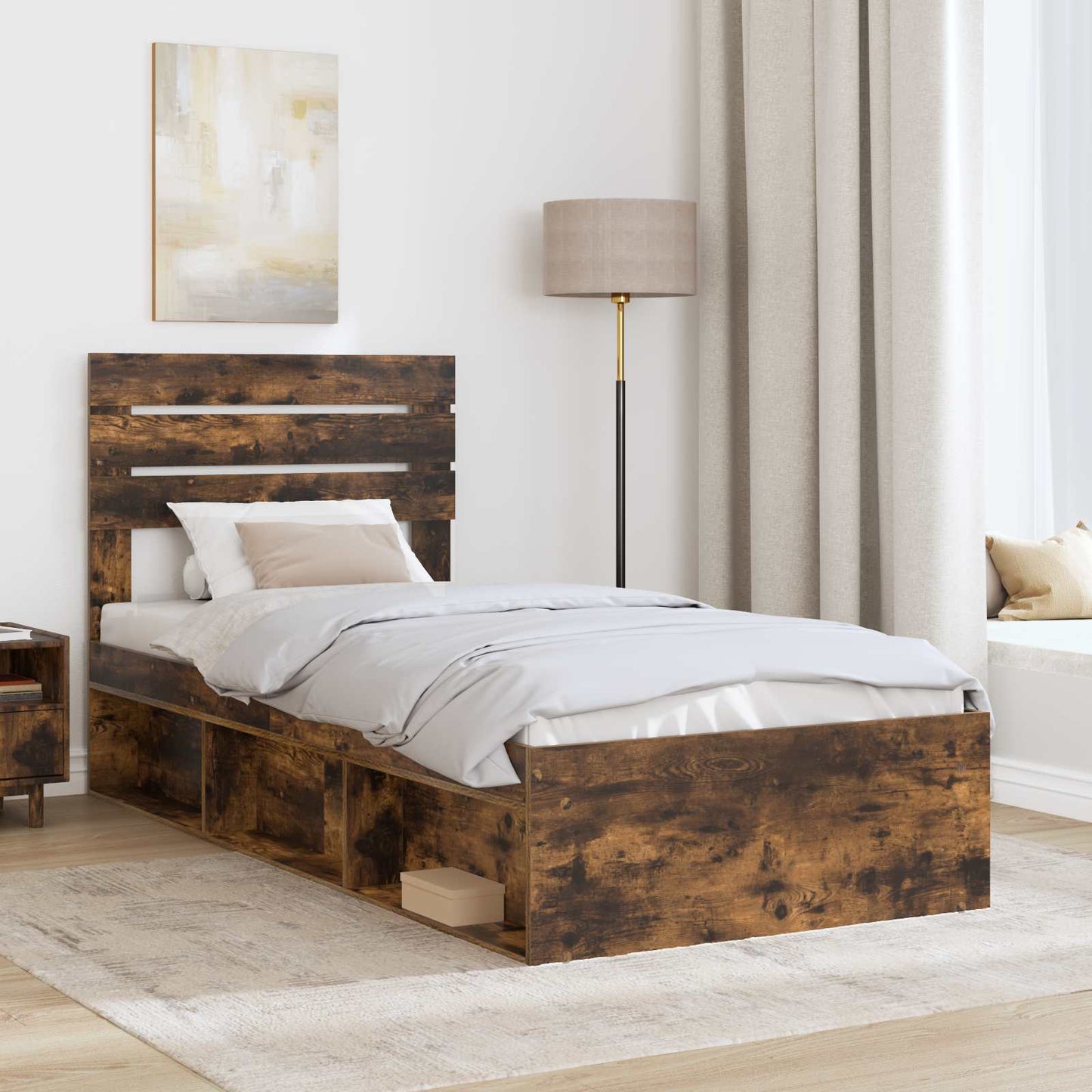 Sengestamme med hodegjerde Røkt eik 100 x 200 cm Massiv furu