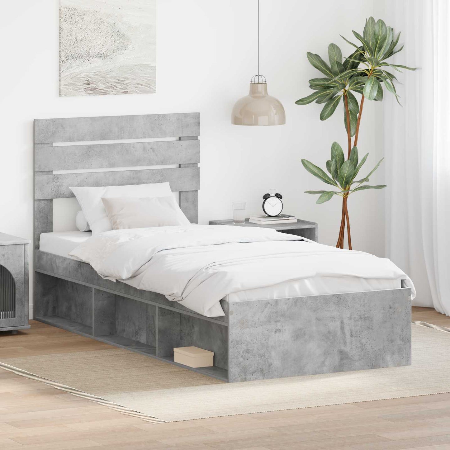 Sengestamme med hodegjerde Betonggrå 90 x 190 cm Massiv furu