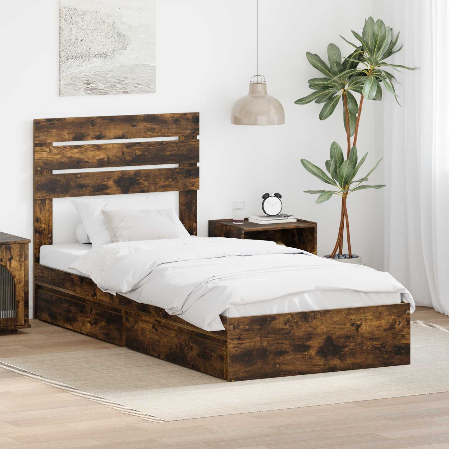 Seng med Oppbevaring Røkt eik 90 x 190 cm Konstruert tre