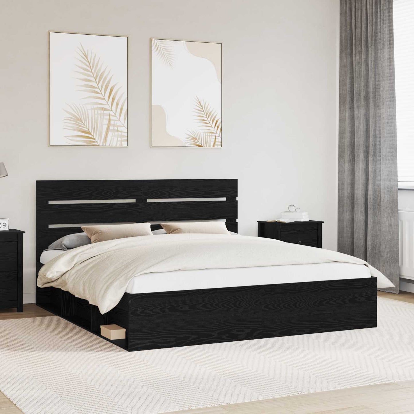 Sengestamme med hodegjerde Svart 200 x 200 cm Massiv furu