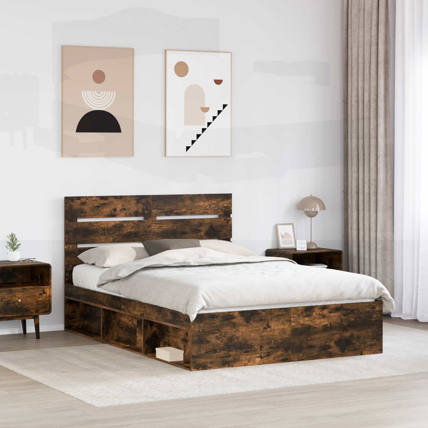 Sengestamme med hodegjerde Røkt eik 150 x 200 cm Massiv furu