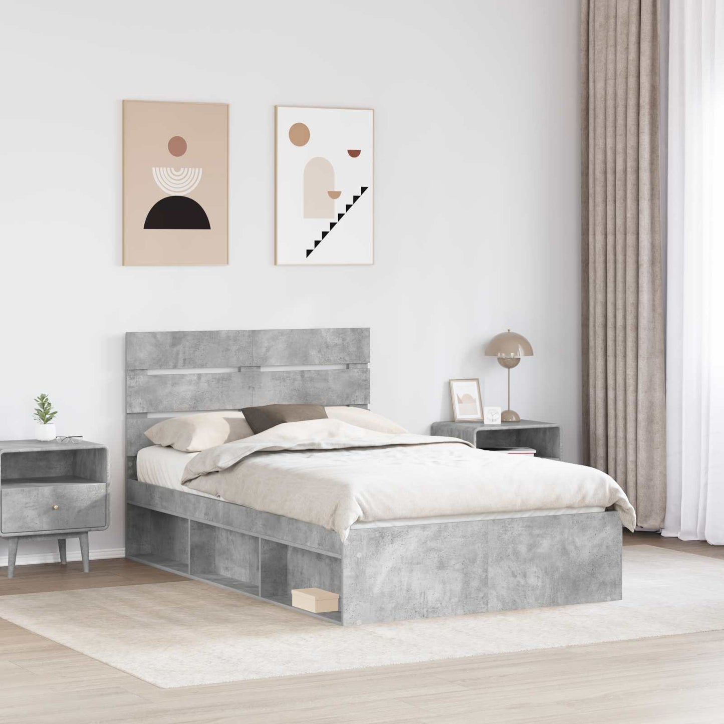 Sengestamme med hodegjerde Betonggrå 135 x 190 cm Massiv furu