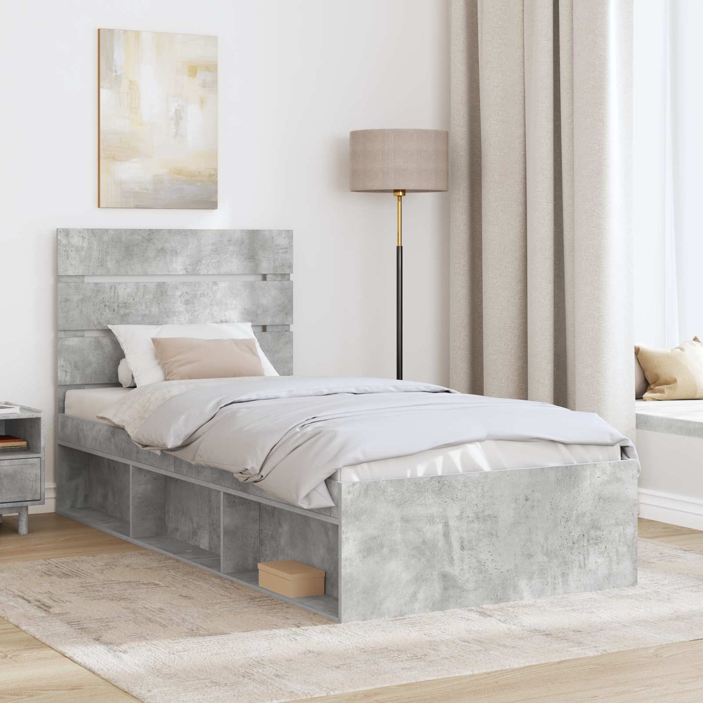 Sengestamme med hodegjerde Betong 90 x 200 cm Massiv furu