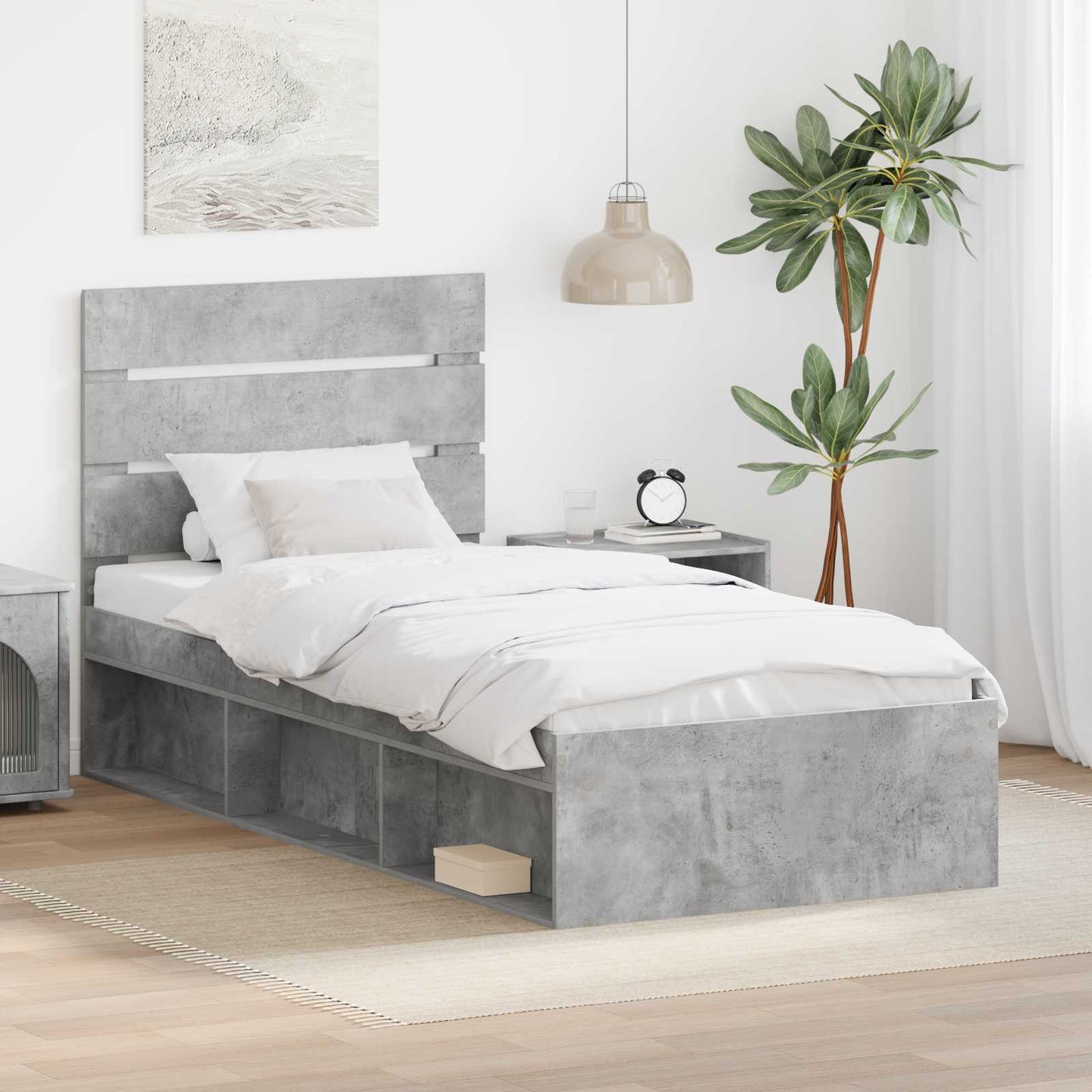 Sengestamme med hodegjerde Betonggrå 75 x 190 cm Massiv furu