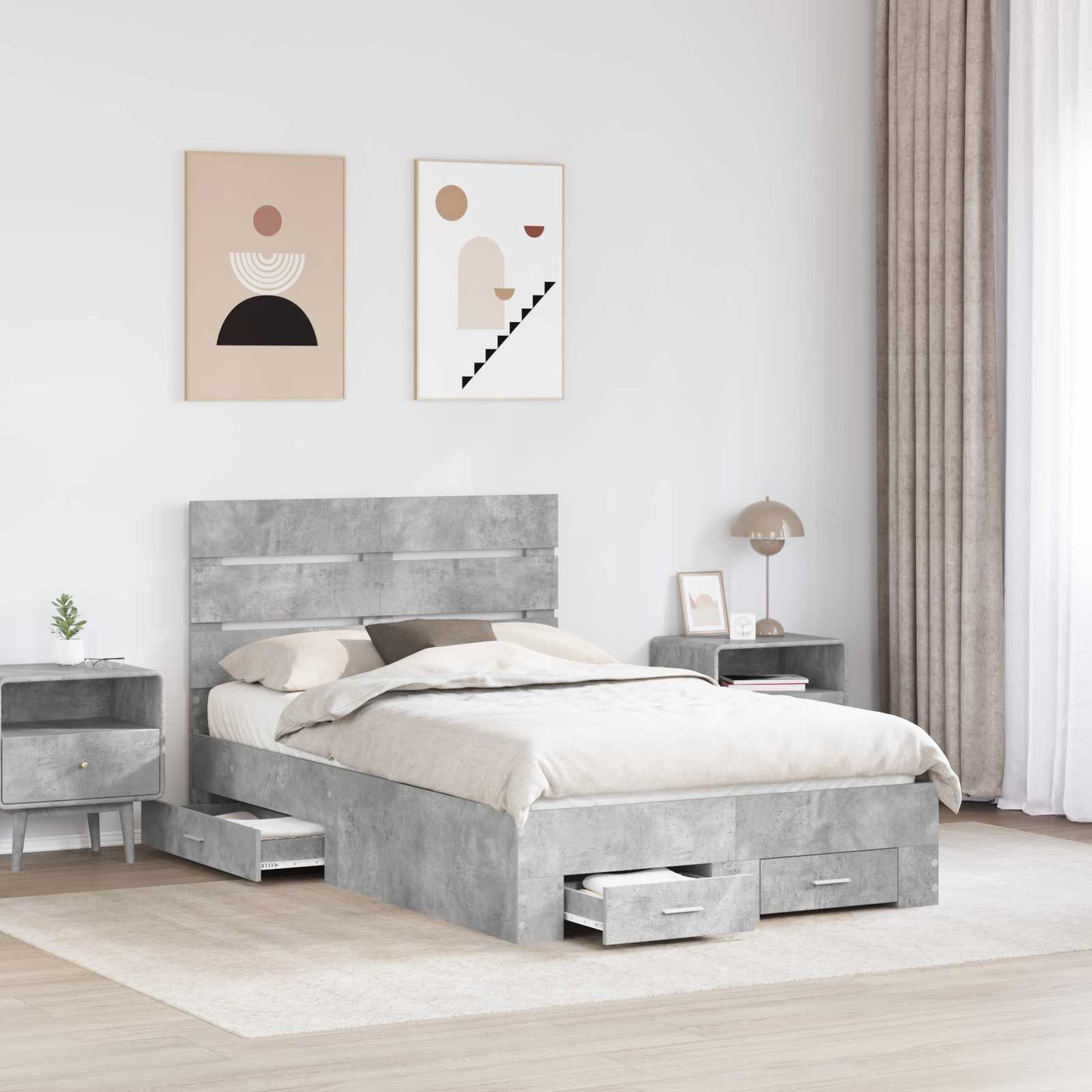Sengestamme med skuff Betonggrå 135 x 190 cm Konstruert tre