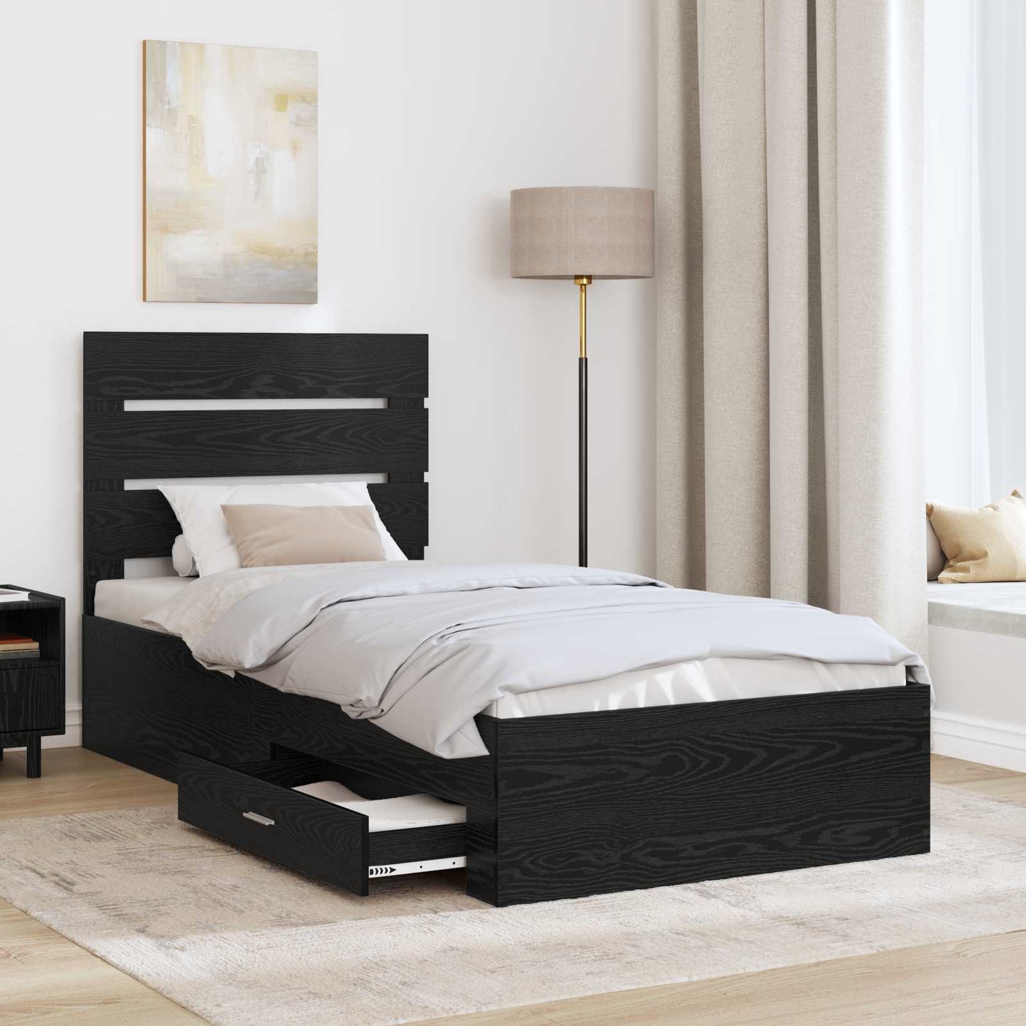 Sengestamme med skuff Svart Eik 90 x 200 cm Konstruert tre