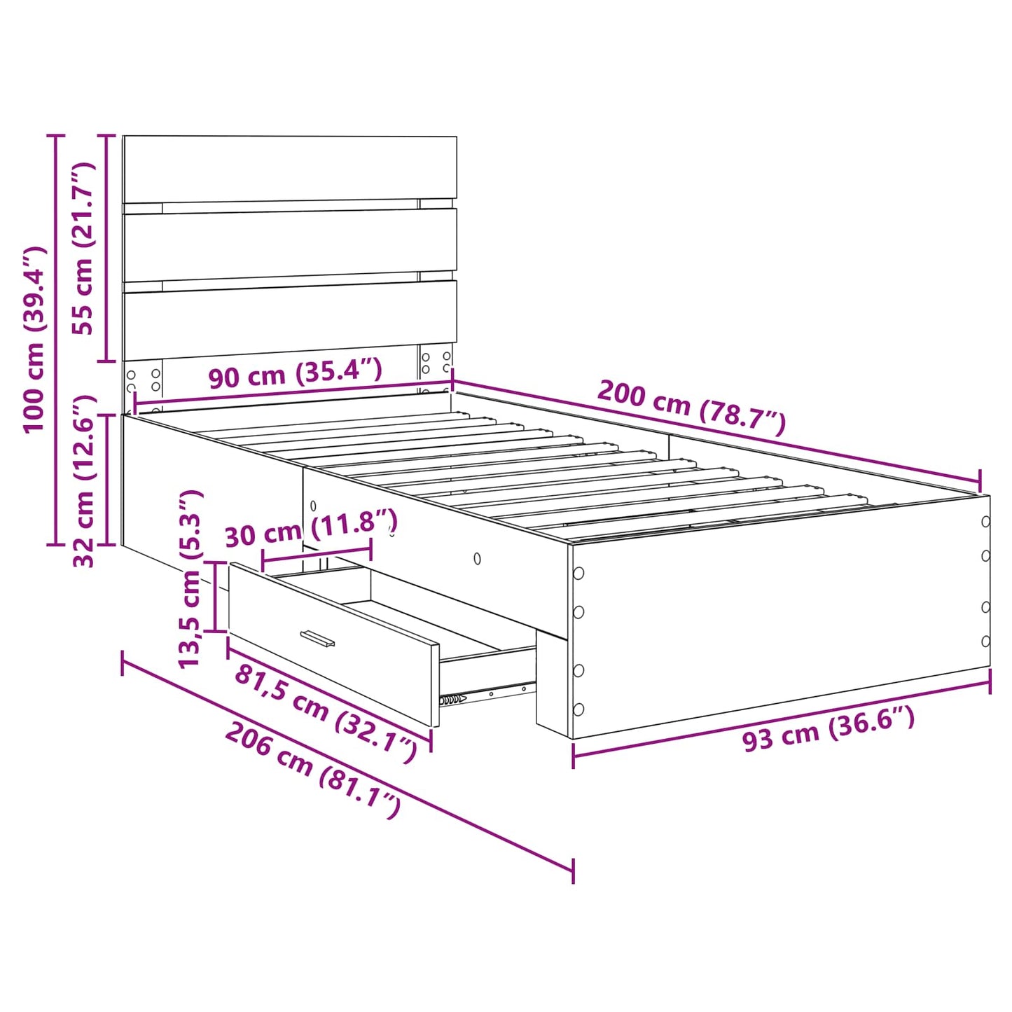 Sengestamme med skuff Artisan Eik 90 x 200 cm Konstruert tre