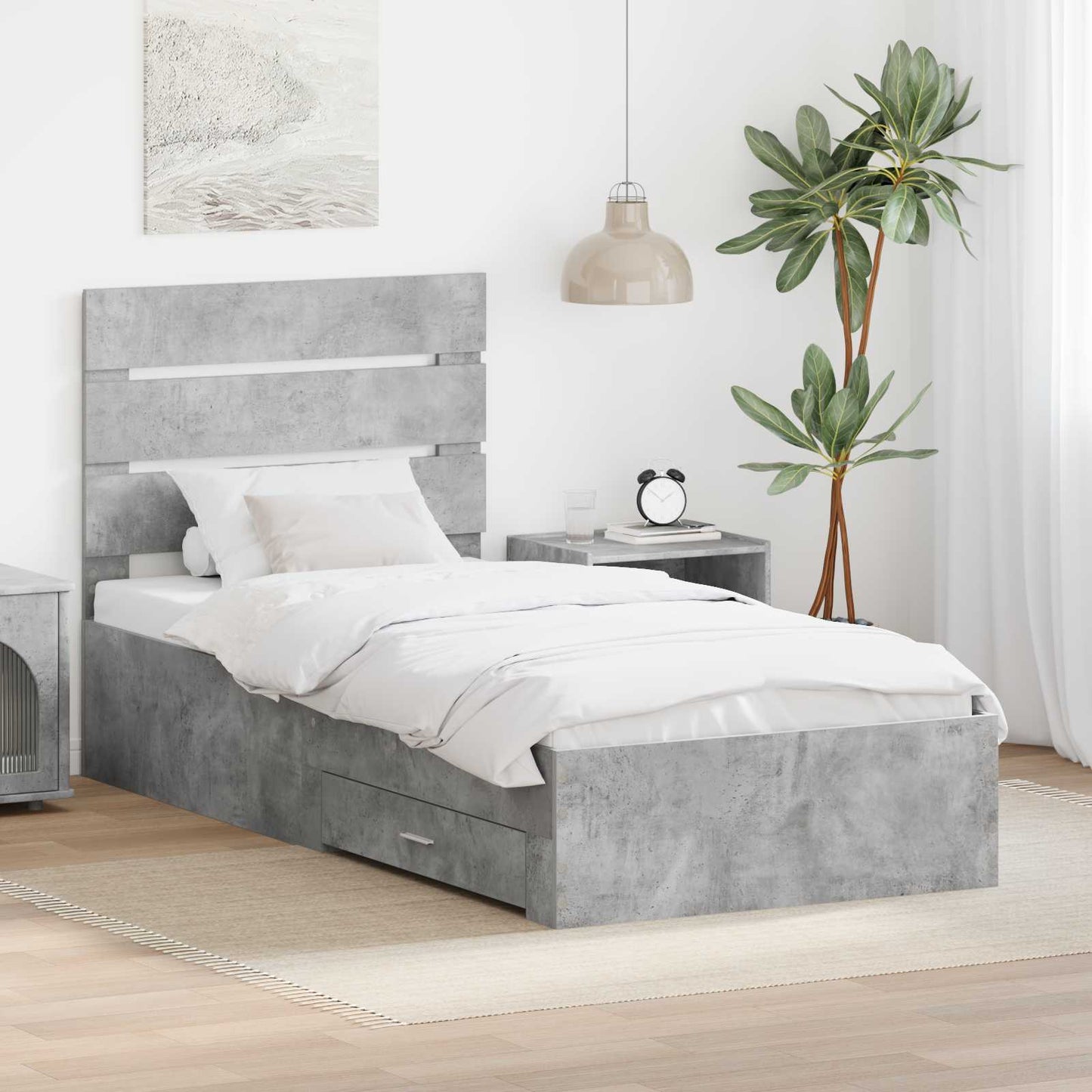Sengestamme med skuff Betonggrå 90 x 190 cm Konstruert tre