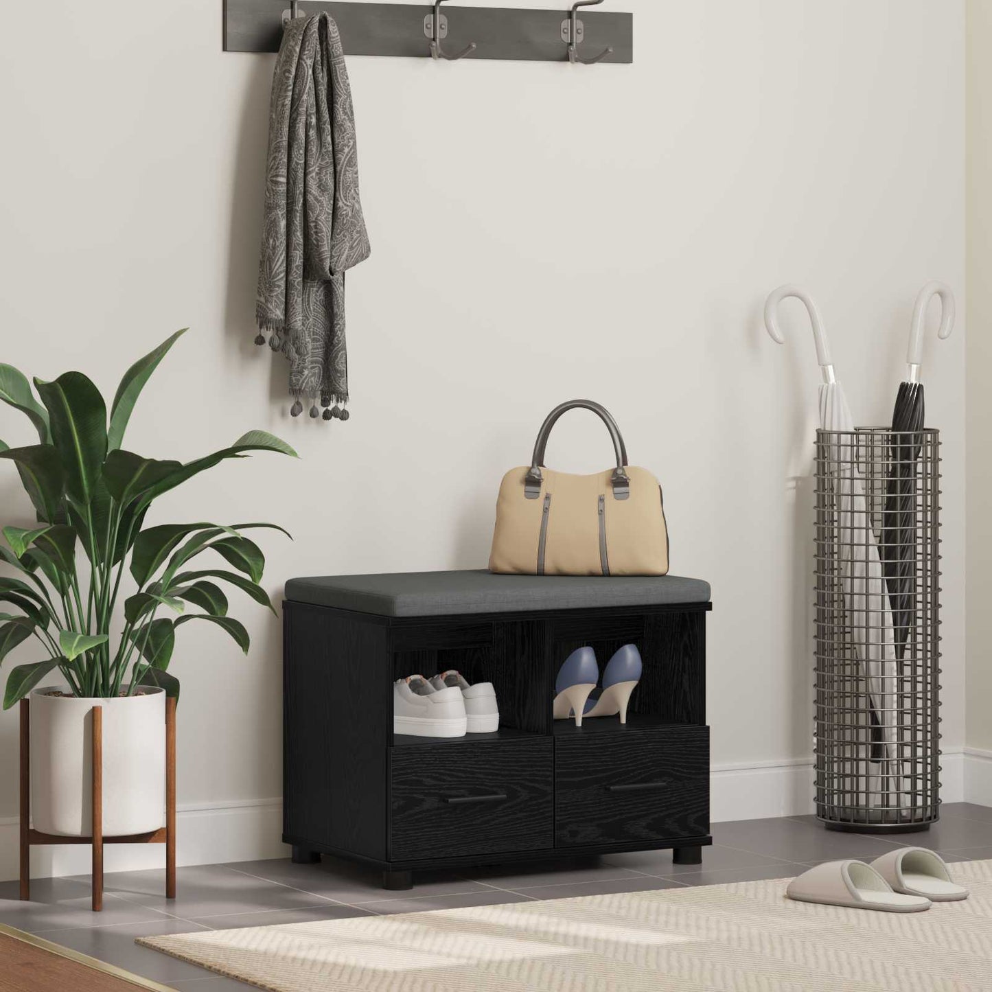 Gangbenk Svart Eik 60 x 38 x 46 cm Konstruert treverk og stoff