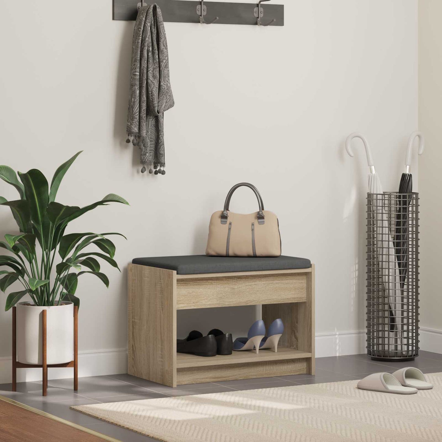 Gangbenk Sonoma eik 63 x 38 x 45 cm Konstruert treverk og stoff vidaXL