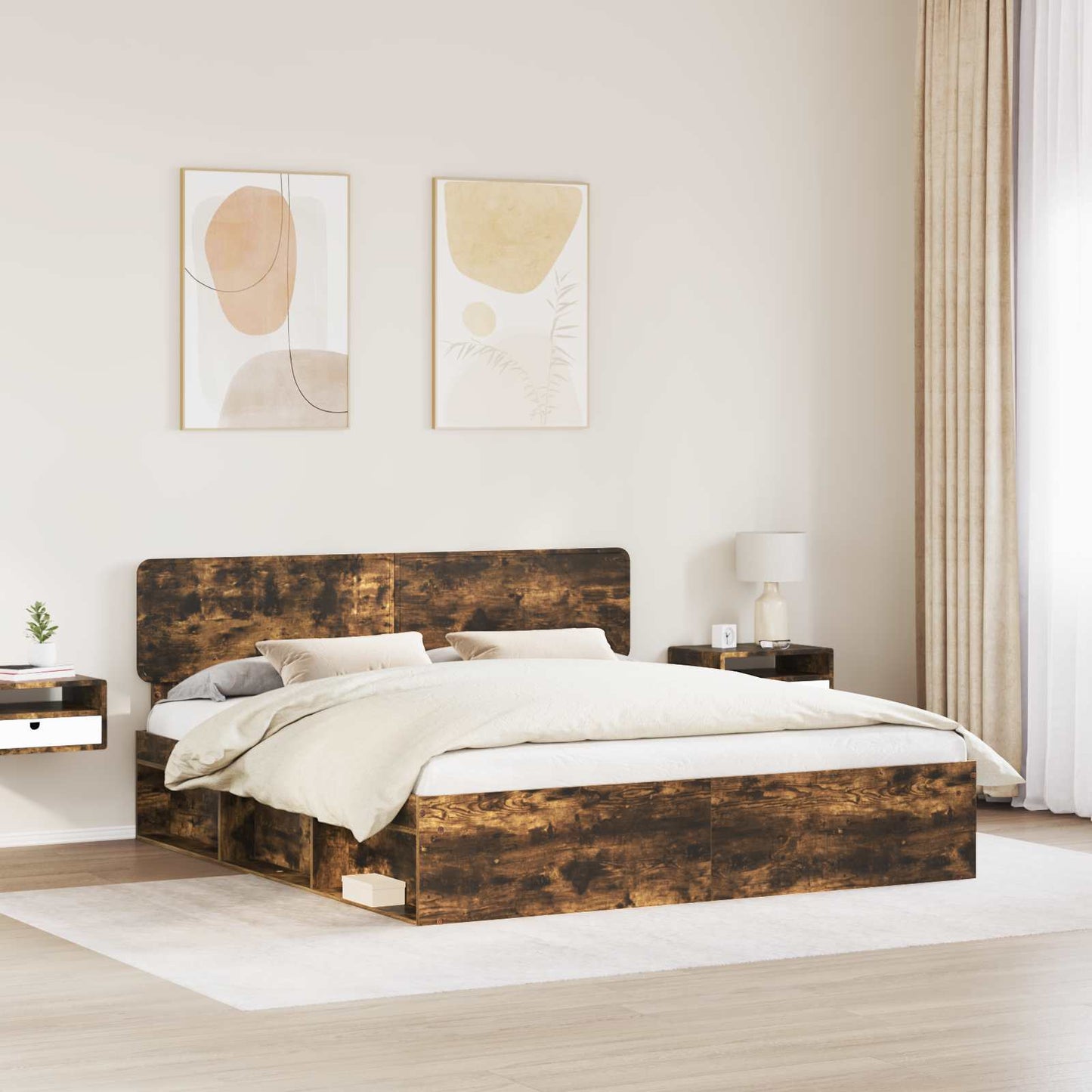 Sengestamme med hodegjerde Røkt eik 200 x 200 cm Massiv furu