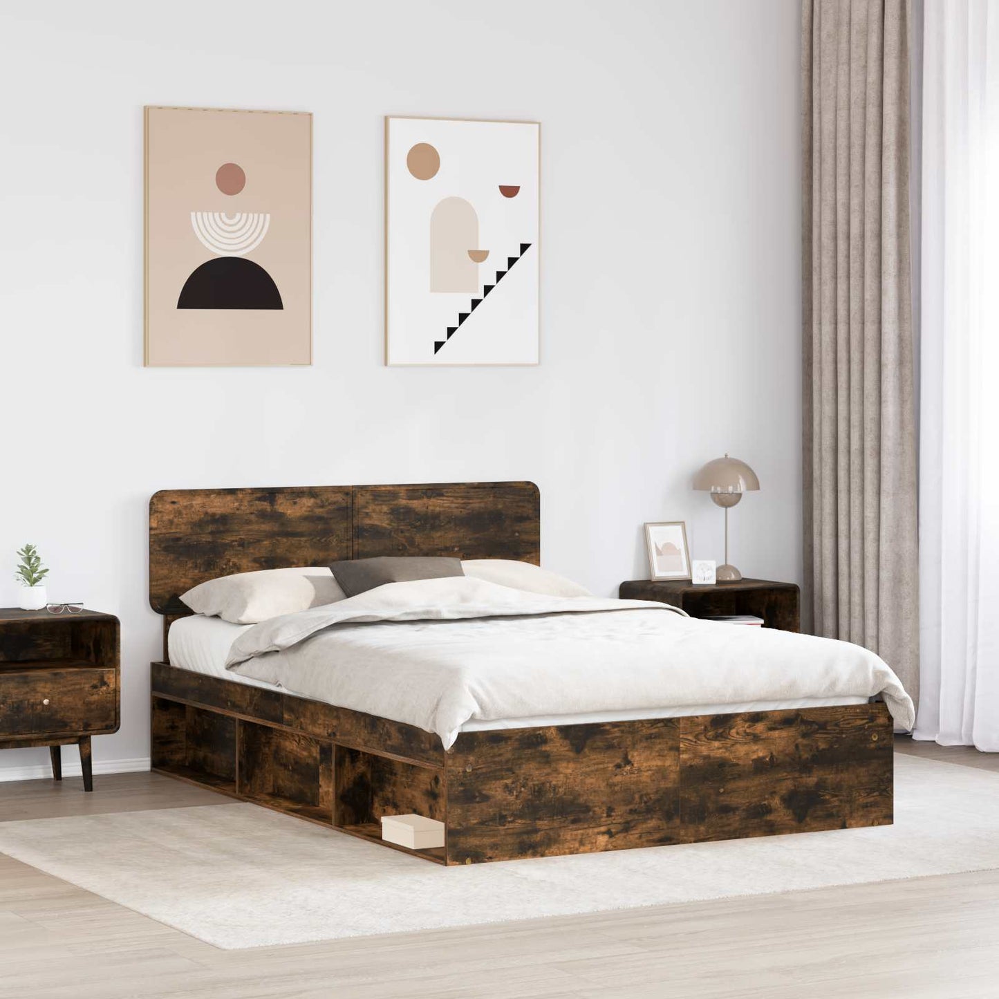 Sengestamme med hodegjerde Røkt eik 150 x 200 cm Massiv furu