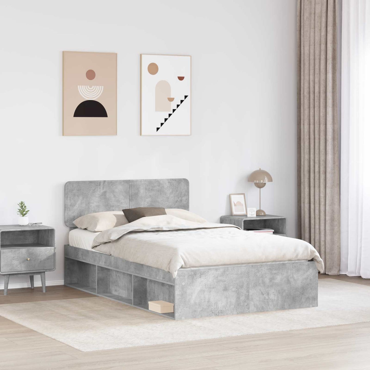 Sengestamme med hodegjerde Betonggrå 135 x 190 cm Massiv furu