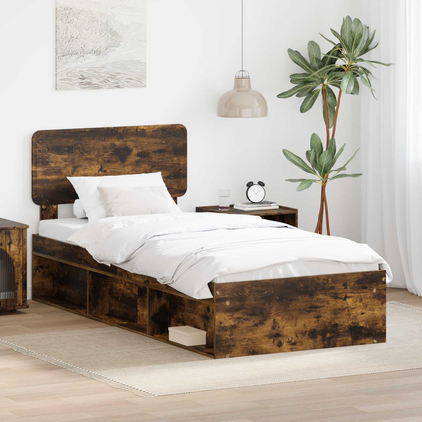 Sengestamme med hodegjerde Røkt eik 75 x 190 cm Massiv furu