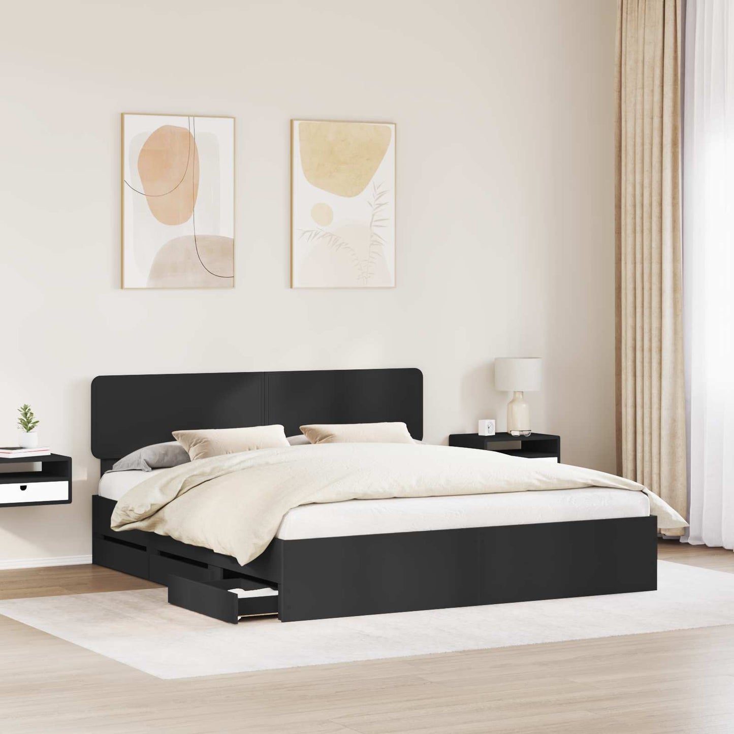 Sengestamme med skuff Svart 200 x 200 cm Konstruert tre
