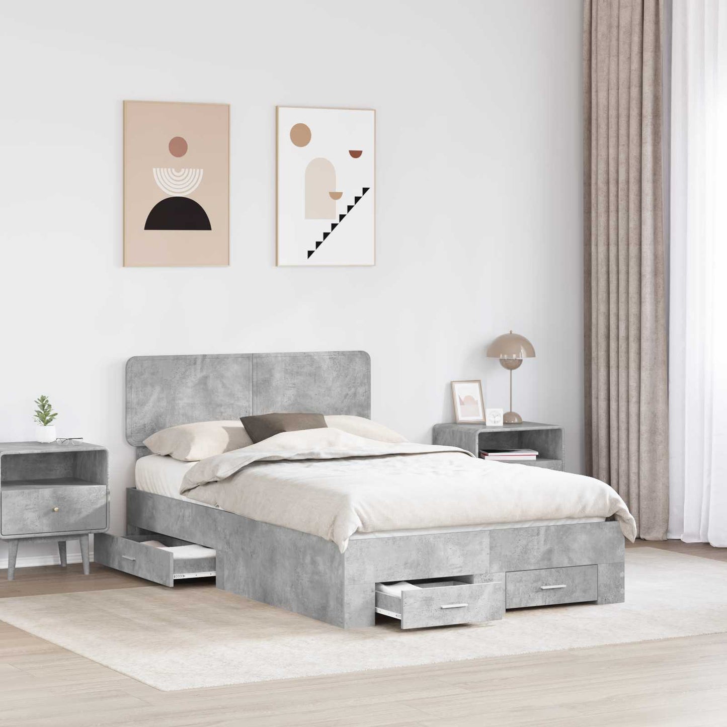 Sengestamme med skuff Betonggrå 135 x 190 cm Konstruert tre